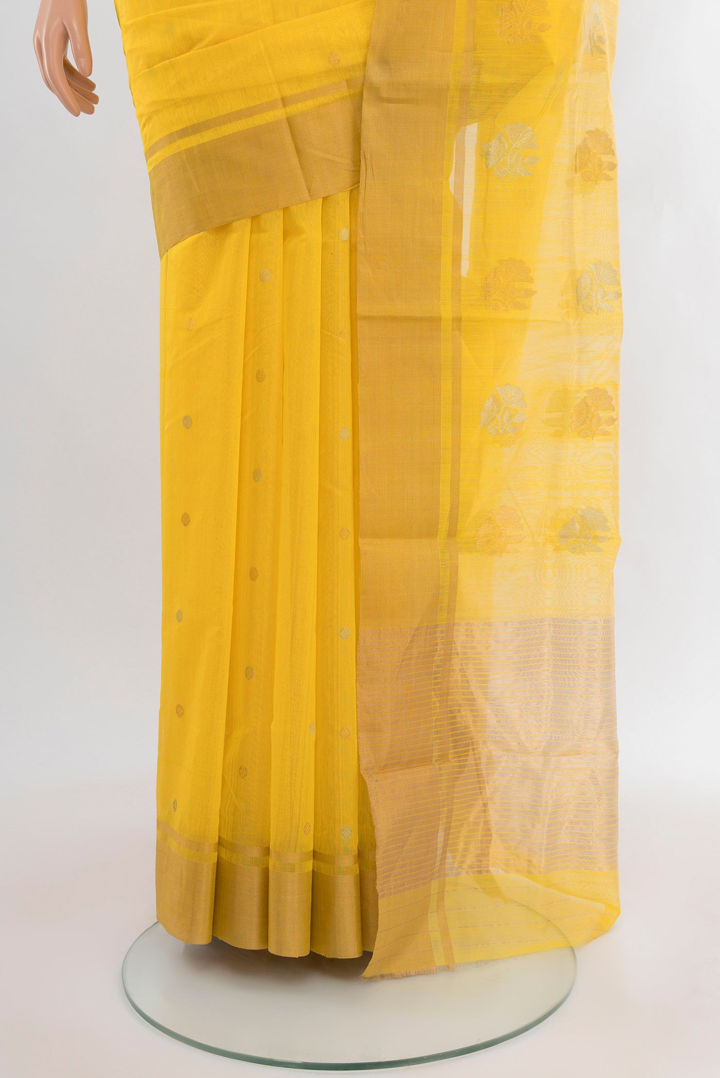 Pleats and pallu of Yellow Chanderi Silk Cotton Saree with Zari Butta on the body and Zari Border. 