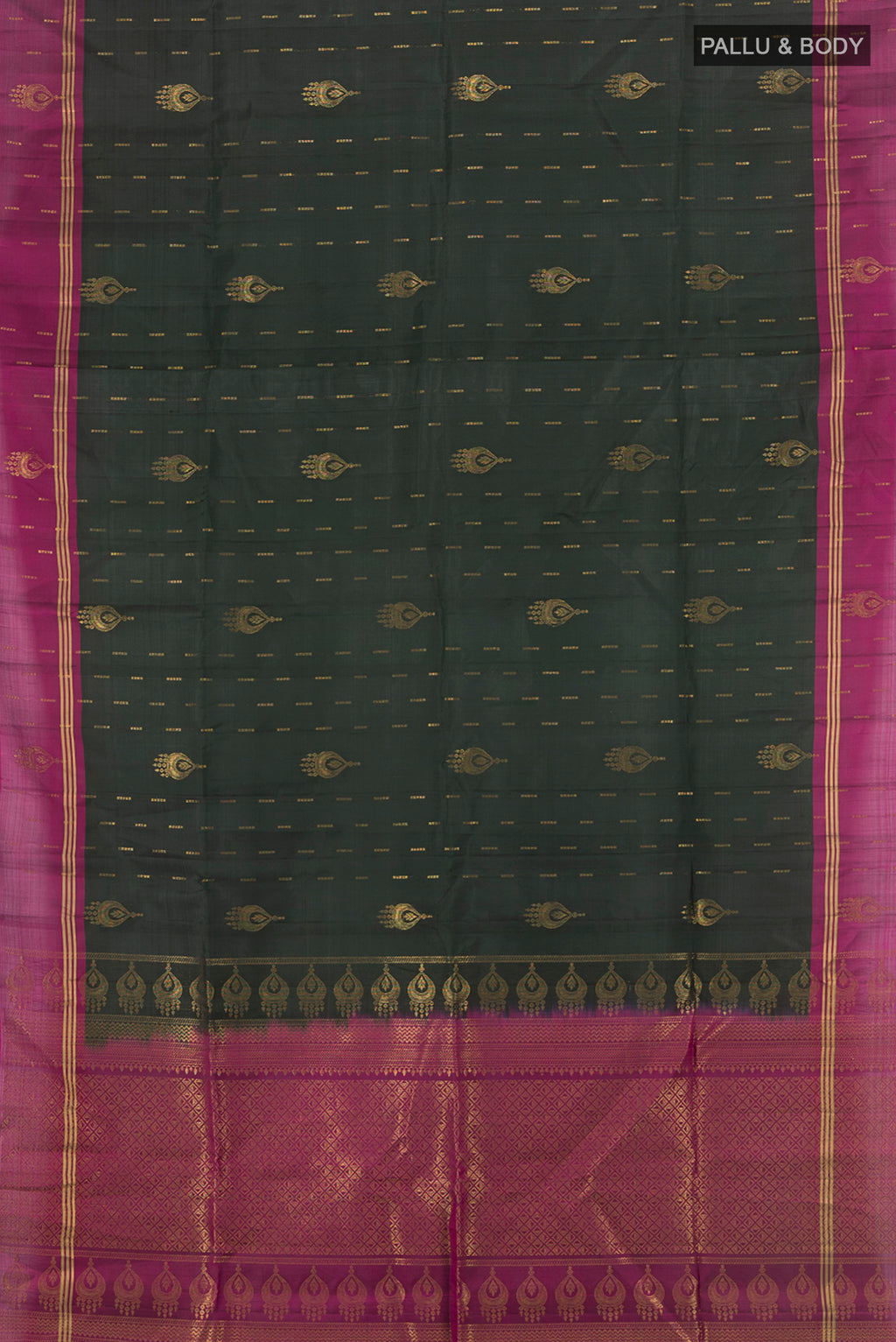 Flat view of Black Soft Silk Saree with Zari Butta on the body and Plain Border. 
