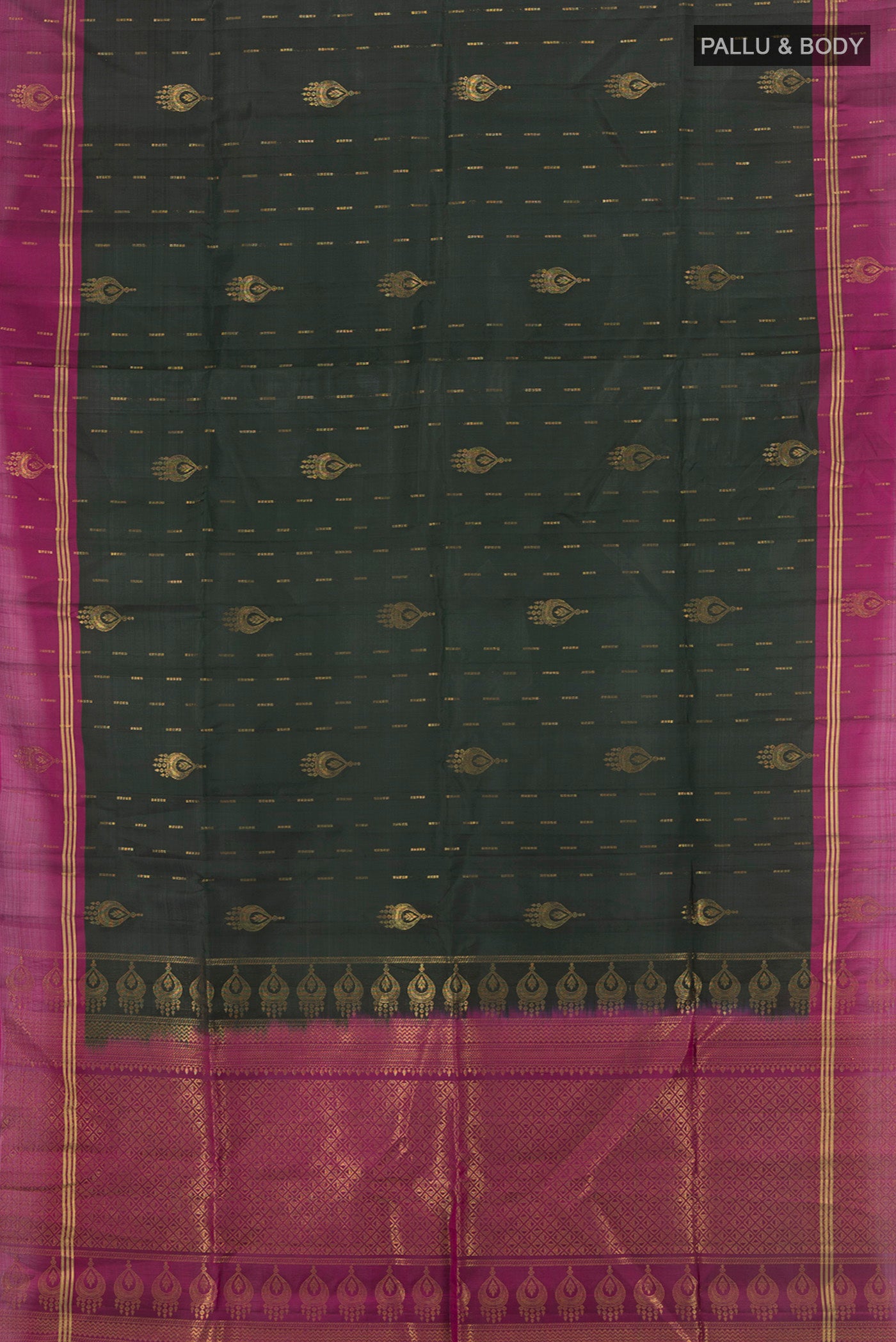 Flat view of Black Soft Silk Saree with Zari Butta on the body and Plain Border. 