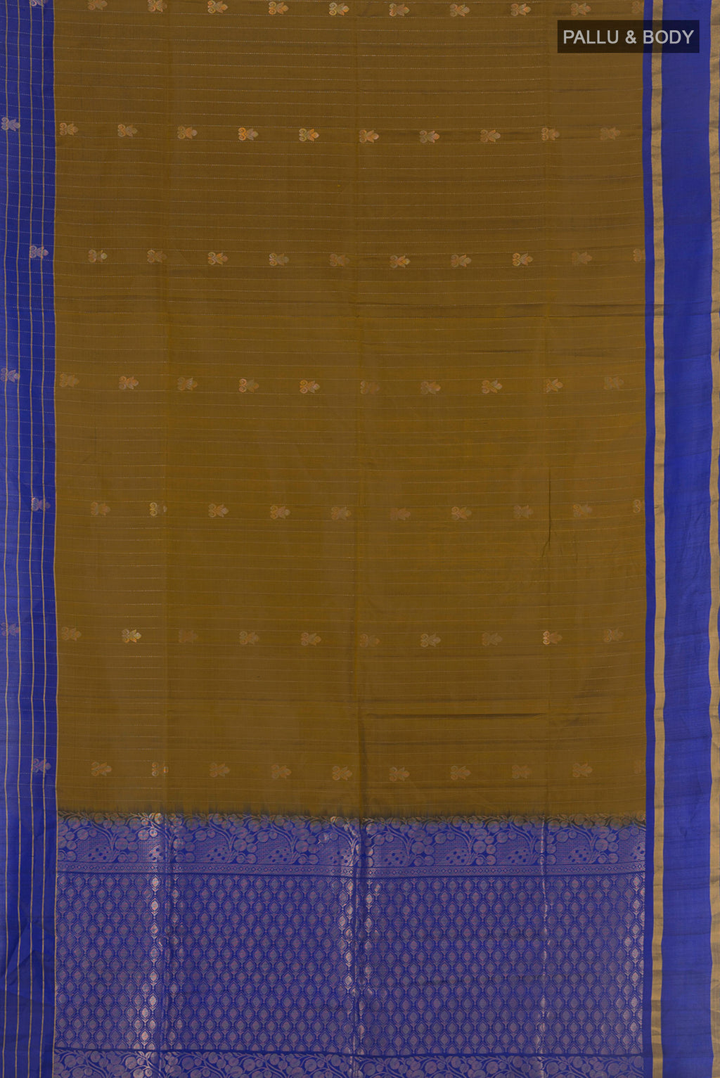 Flat view of Mehandi Green Soft Silk Saree with Zari Butta on the body and Silk Border. 