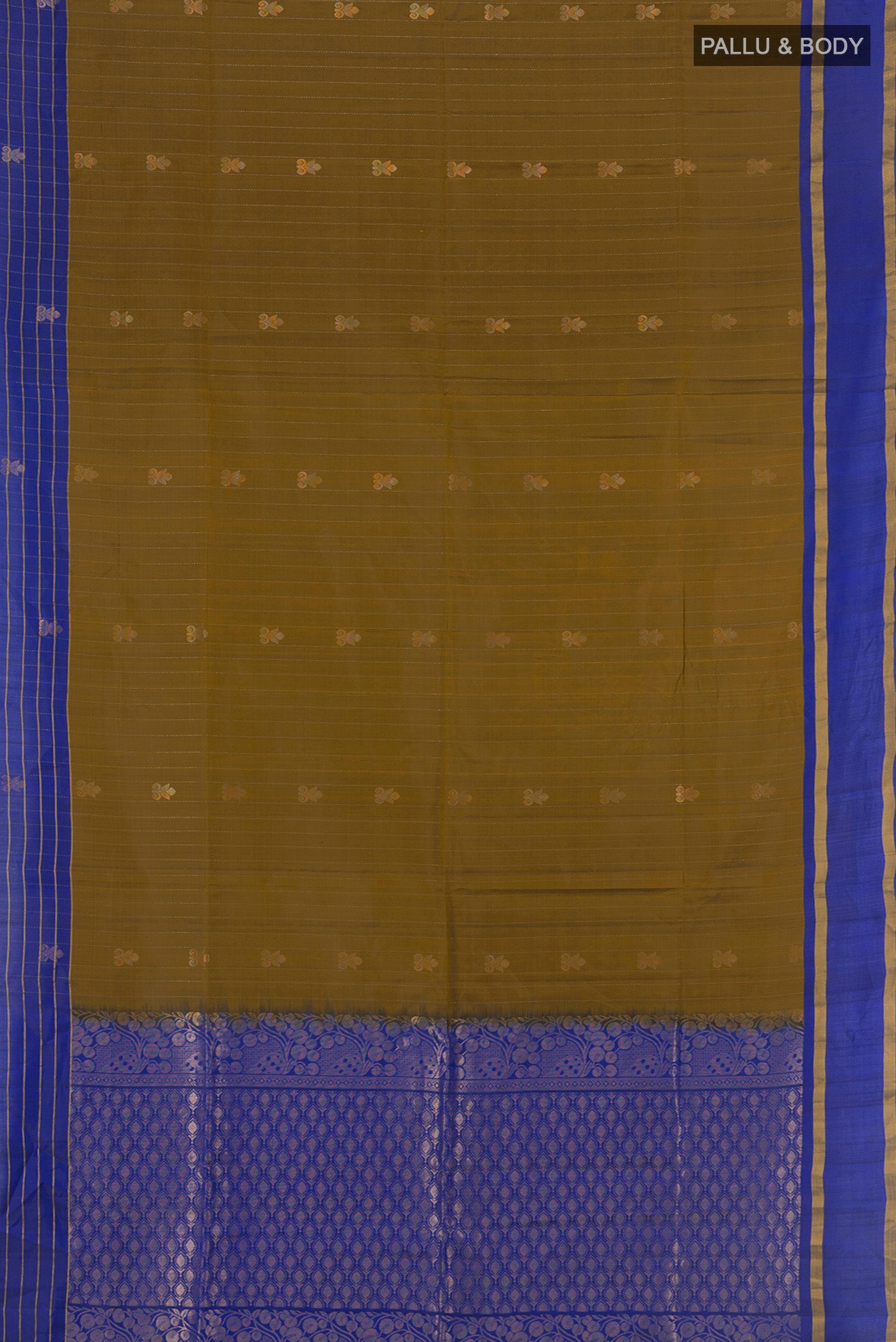 Flat view of Mehandi Green Soft Silk Saree with Zari Butta on the body and Silk Border. 