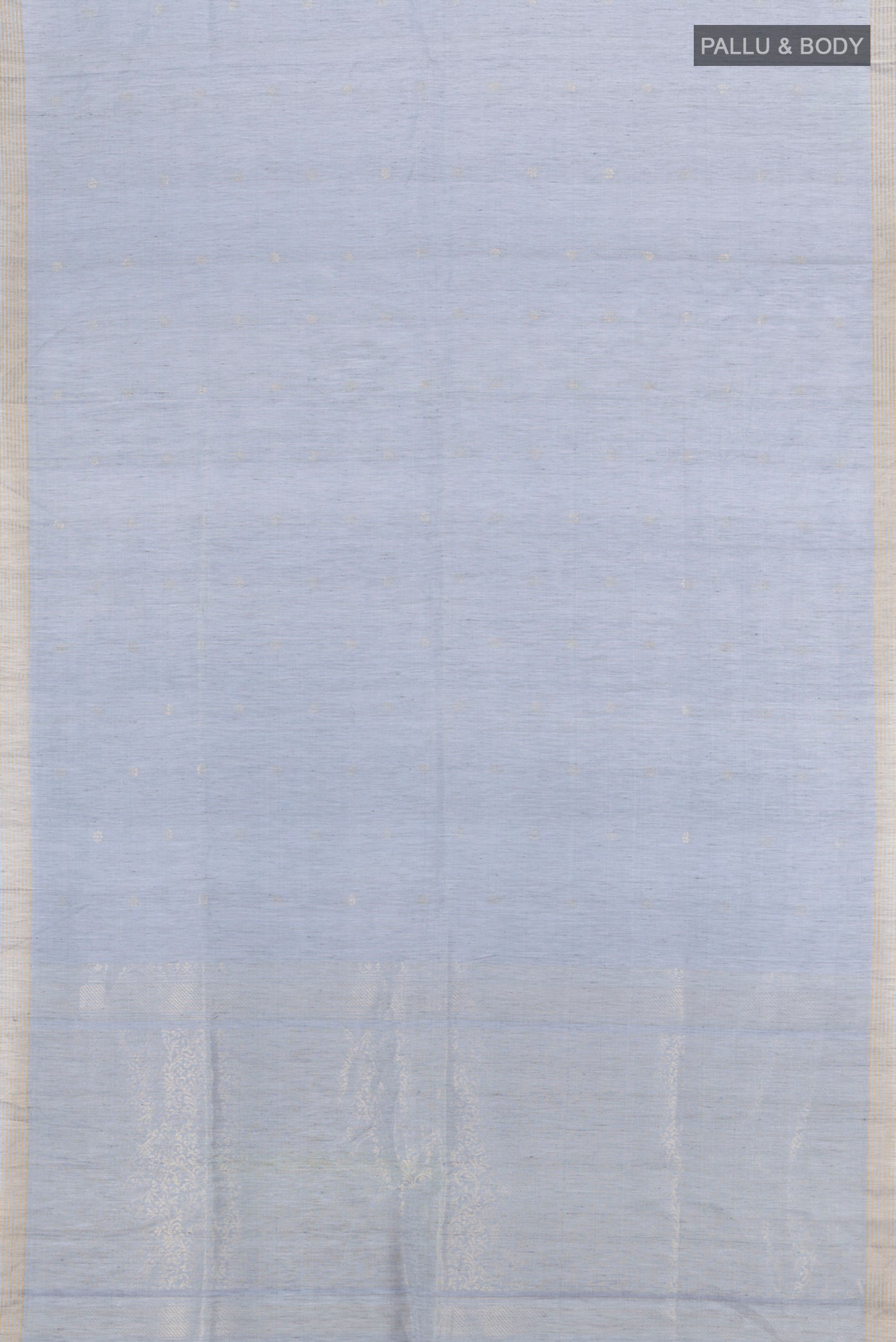 Flat view of Blue Grey Soft Silk Saree with Zari Butta on the body and Silk Border. 
