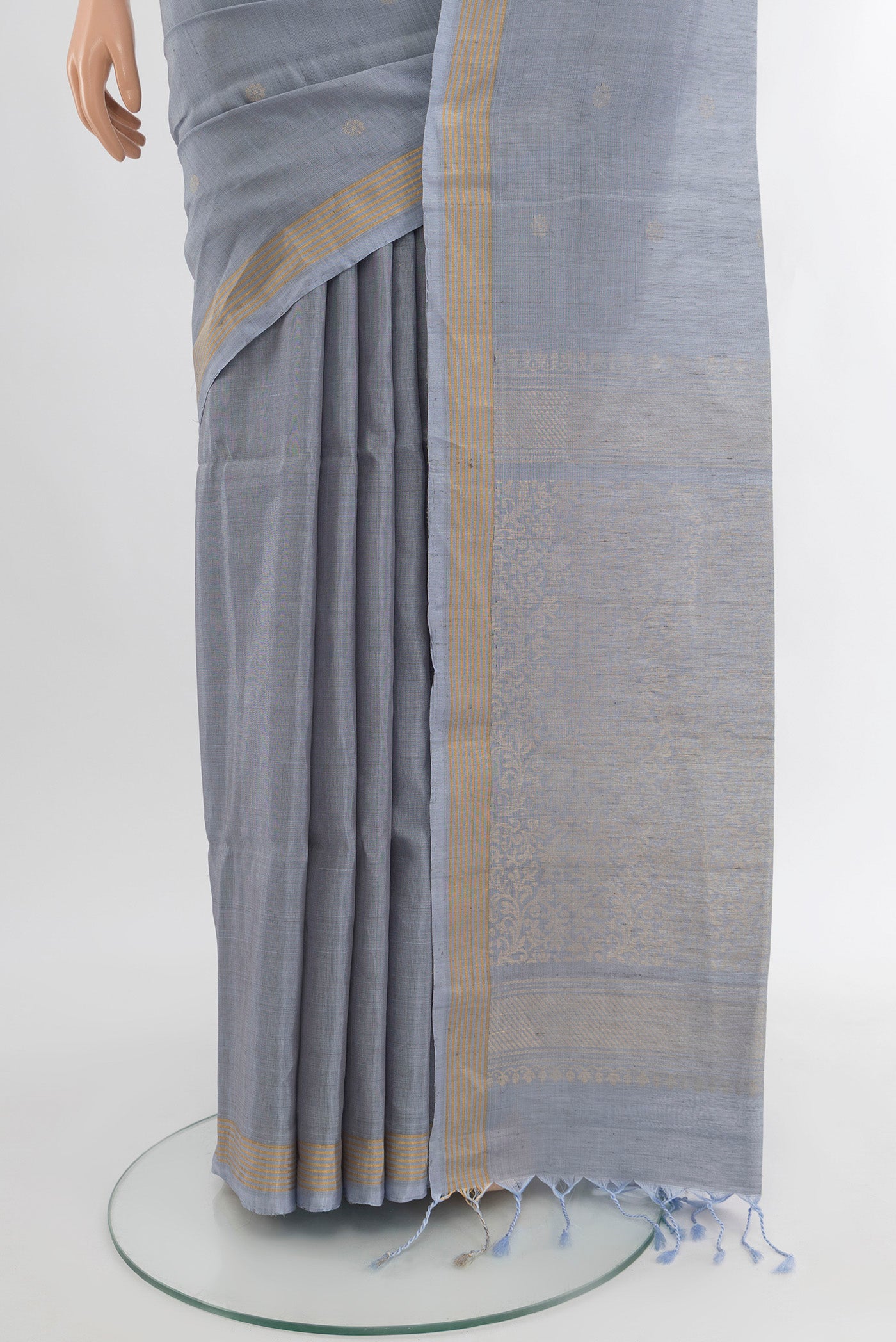 Pleats and pallu of Blue Grey Soft Silk Saree with Zari Butta on the body and Silk Border. 