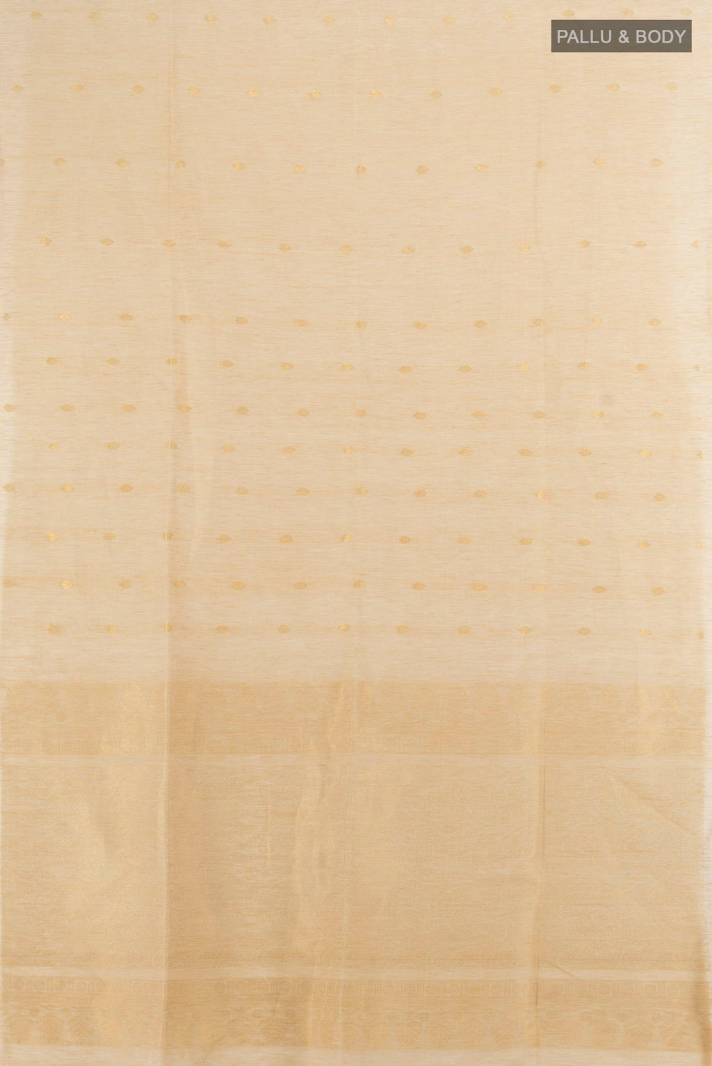 Flat view of Golden Soft Saree with Zari Butta on the body and Silk Border. 