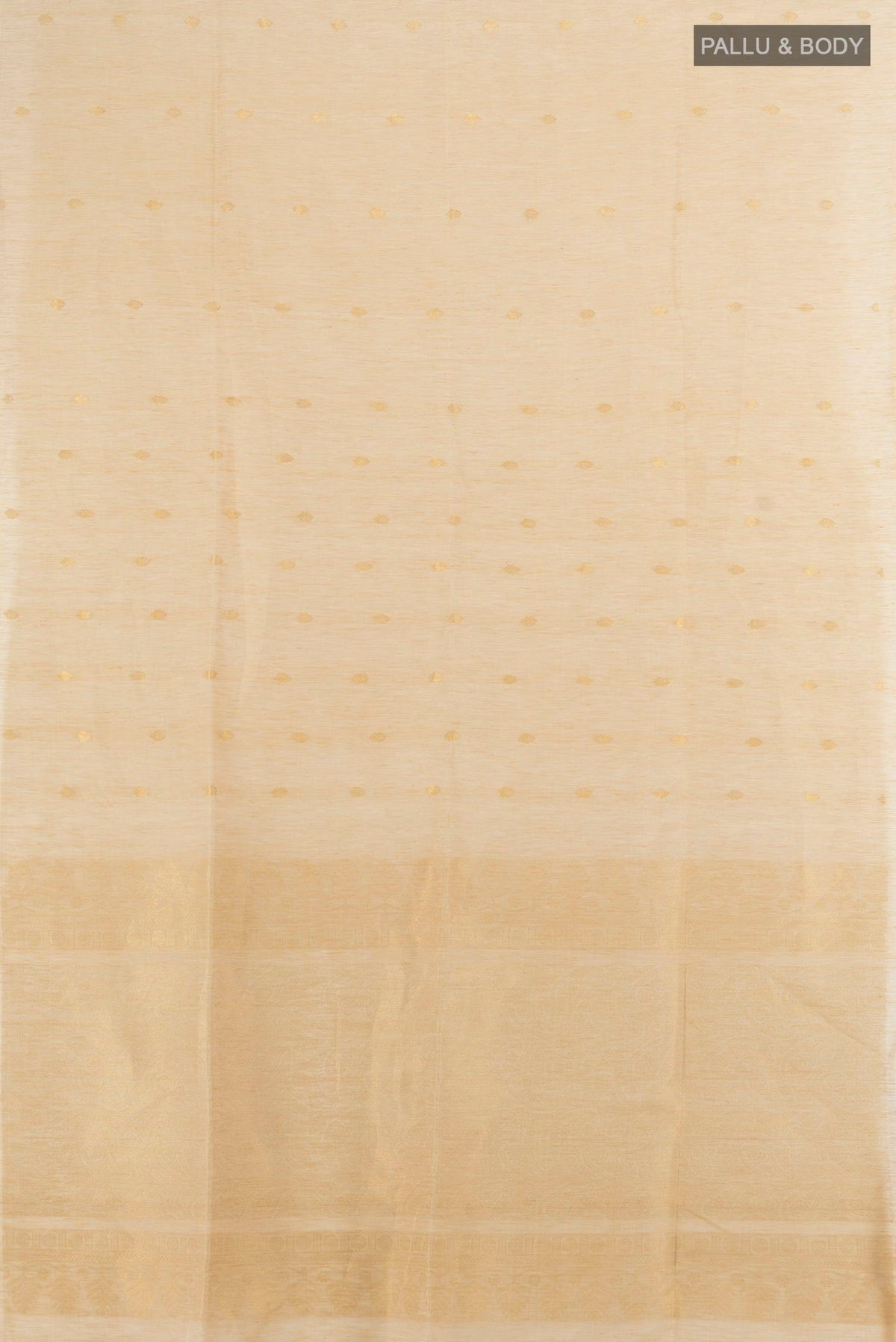 Flat view of Golden Soft Saree with Zari Butta on the body and Silk Border. 