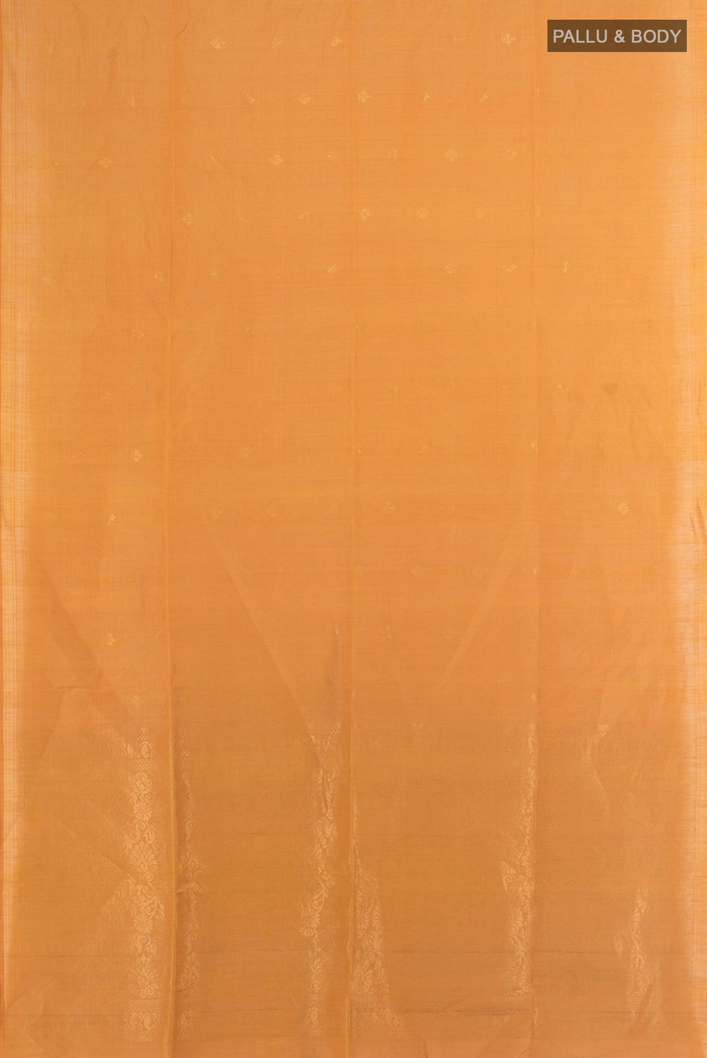 Flat view of Brown Soft Saree with Zari Butta on the body and Silk Border. 