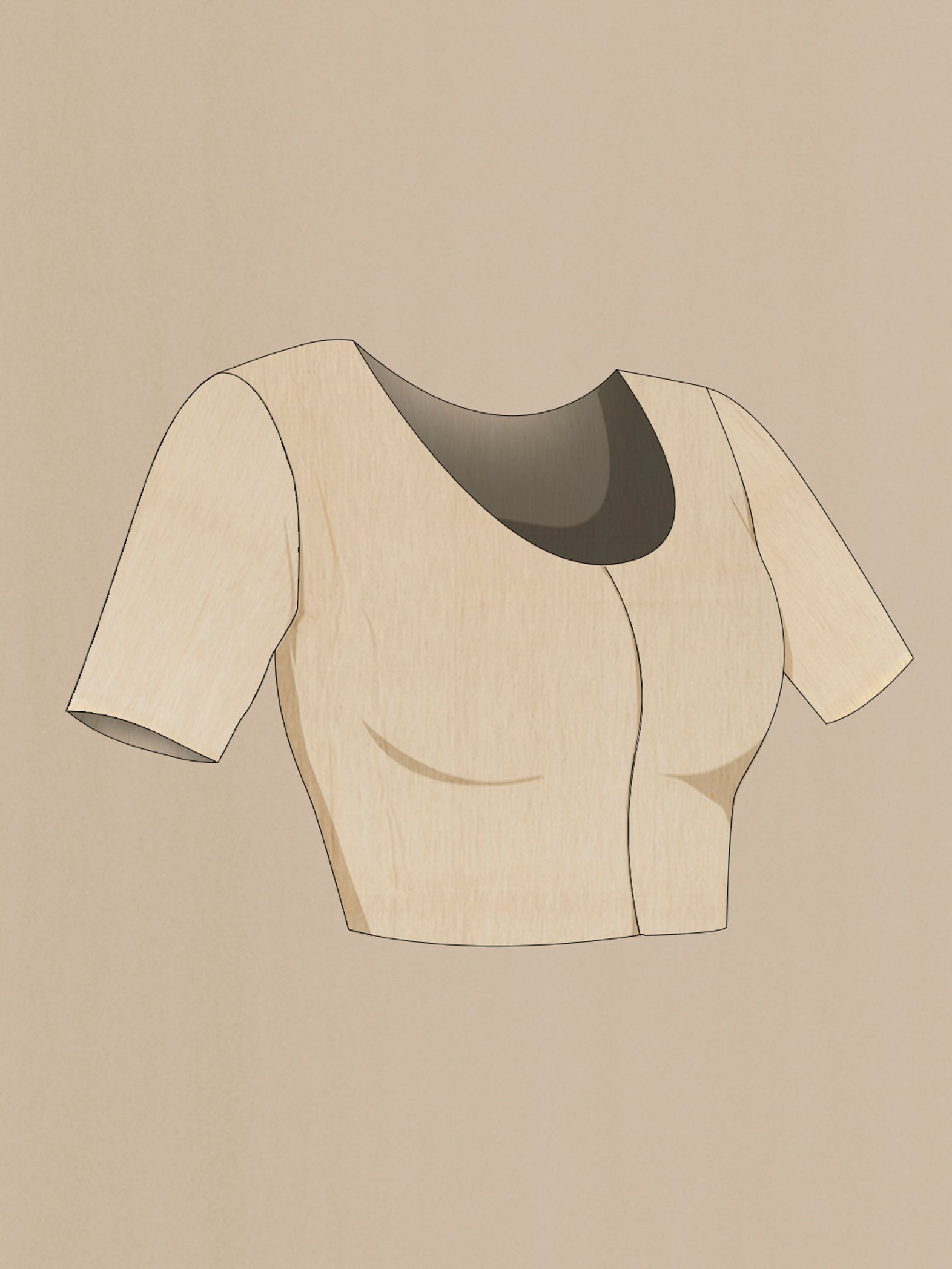 Close up image of the blouse of Cream Soft Silk Saree with Zari Butta on the body and Silk Border. 