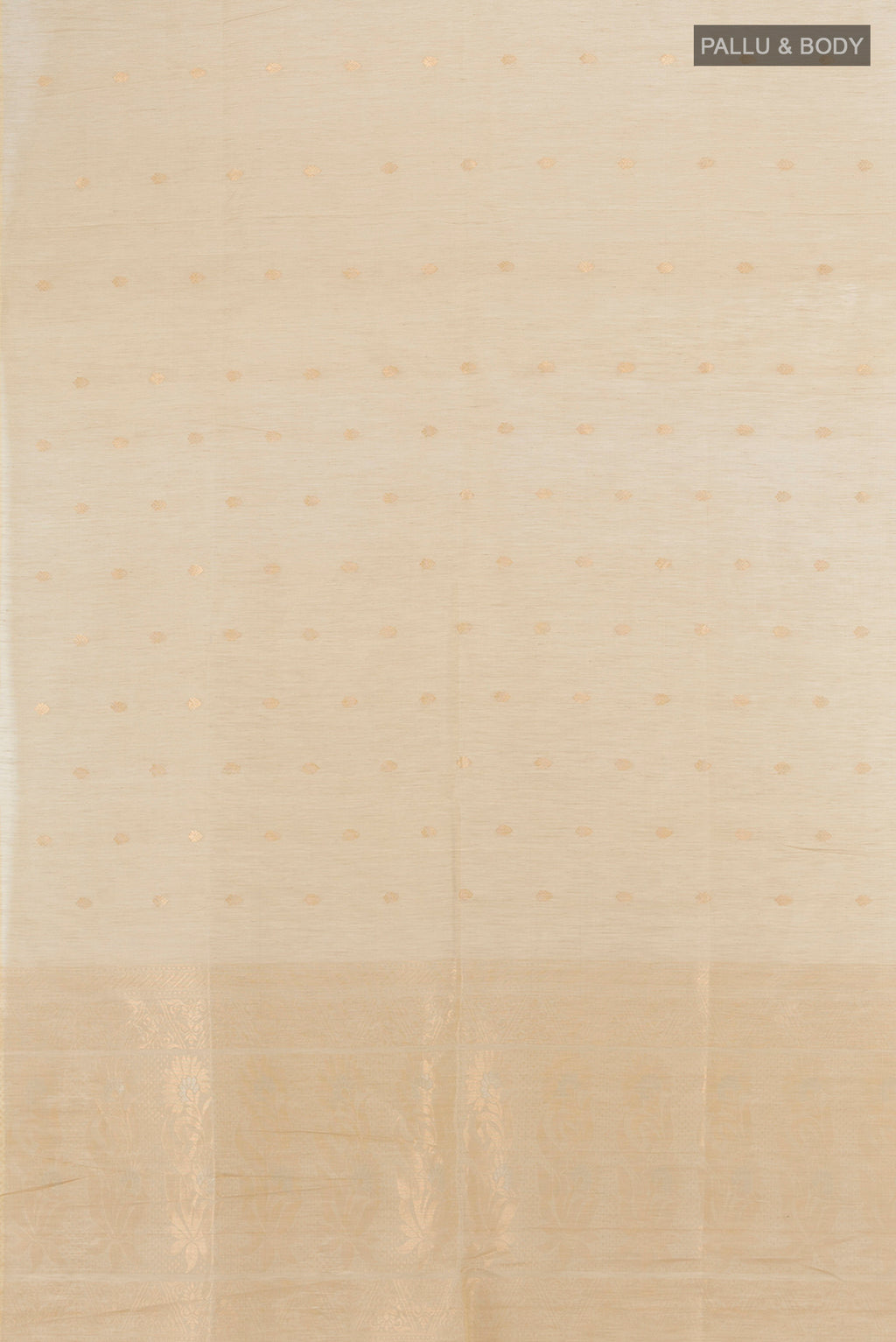 Flat view of Cream Soft Silk Saree with Zari Butta on the body and Silk Border. 