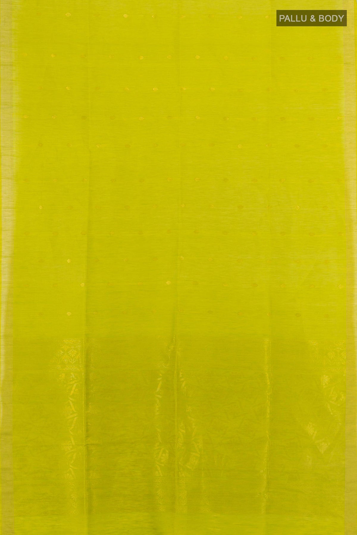 Flat view of Pure Silk Parrot Green Soft Saree with Zari Butta on the body and Zari Border. 