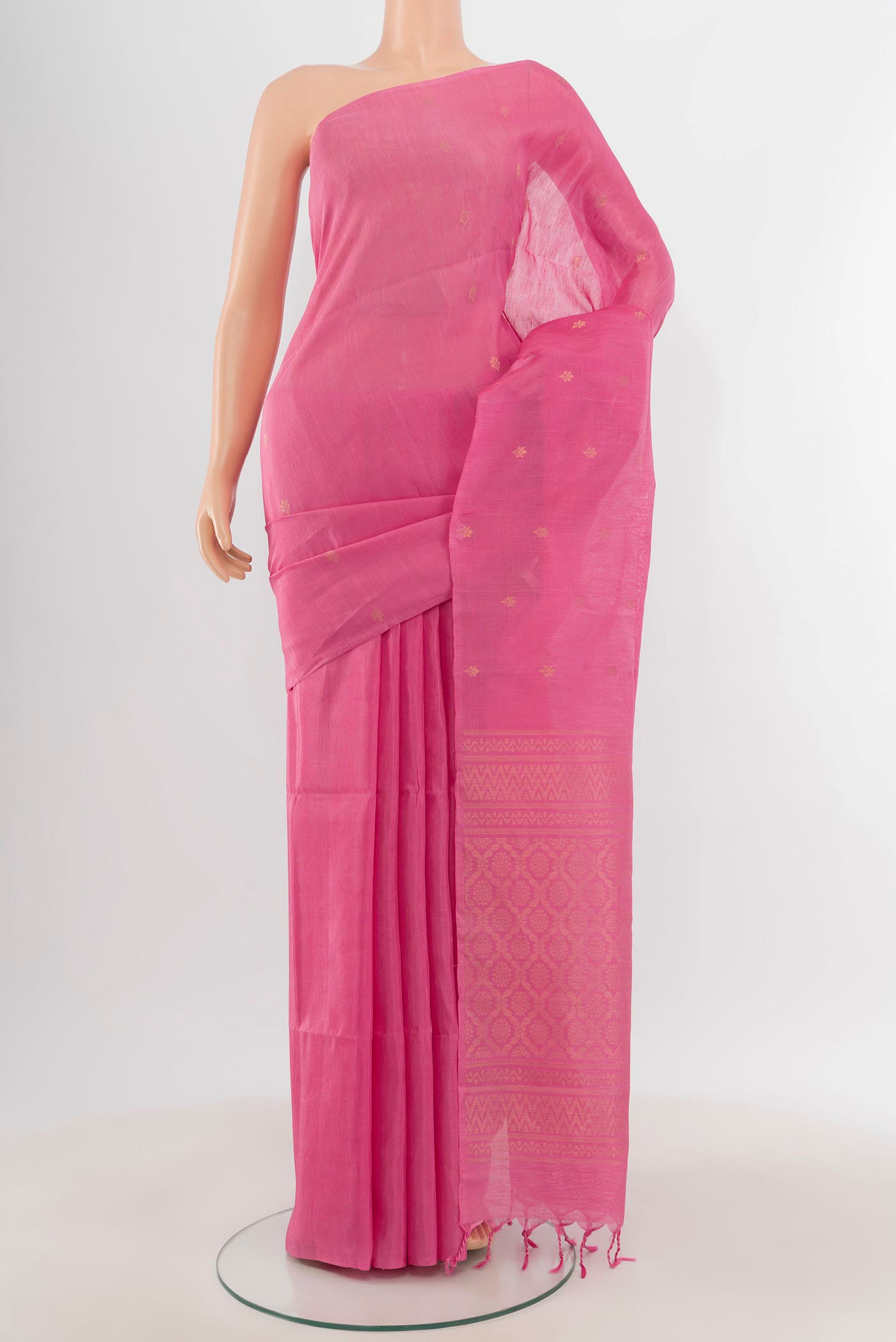 Rose pink Soft Silk Saree with Zari Butta on the body and Without Border.  displayed on a mannequin