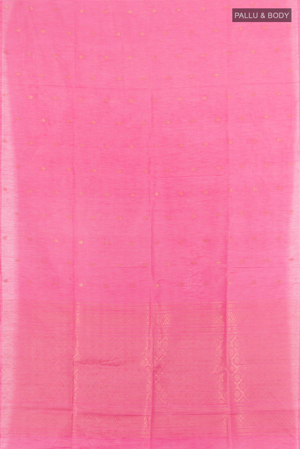 Flat view of Rose pink Soft Silk Saree with Zari Butta on the body and Without Border. 