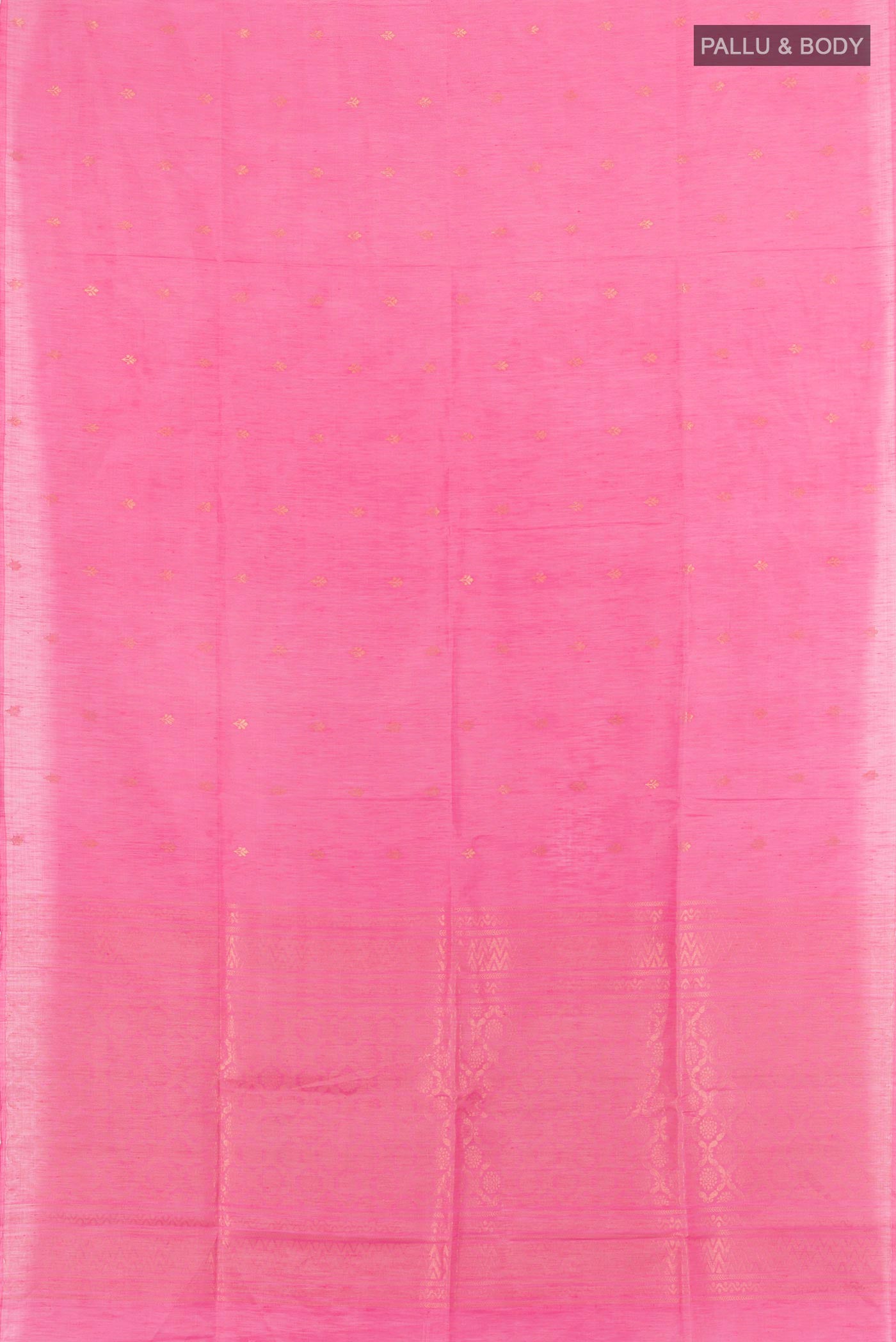 Flat view of Rose pink Soft Silk Saree with Zari Butta on the body and Without Border. 