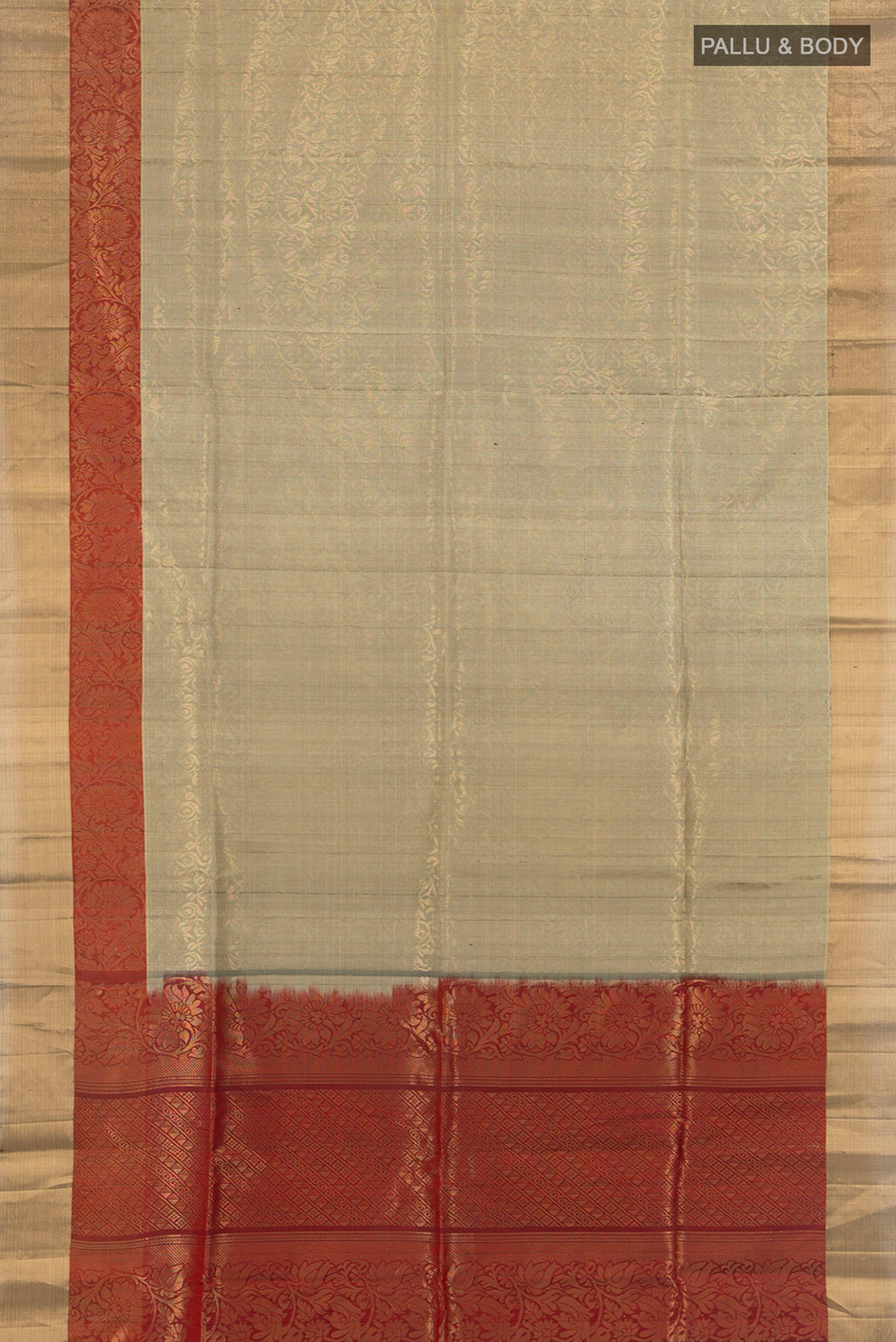 Flat view of Davys Grey Soft Silk Saree with Zari Brocade on the body and Zari Border. 