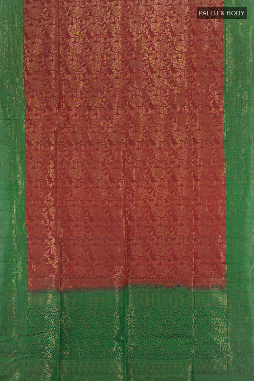 Flat view of Maroon Soft Silk Saree with Zari Butta on the body and Silk Border. 