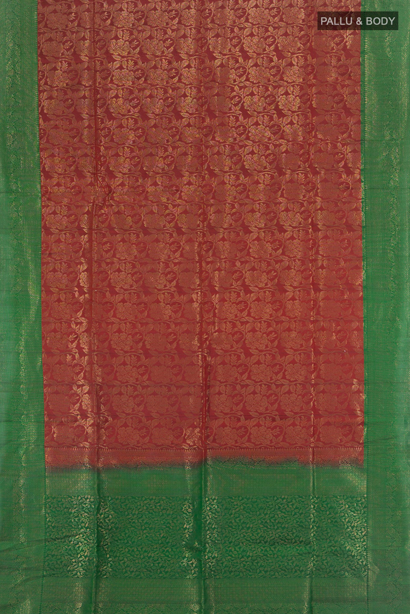 Flat view of Maroon Soft Silk Saree with Zari Butta on the body and Silk Border. 