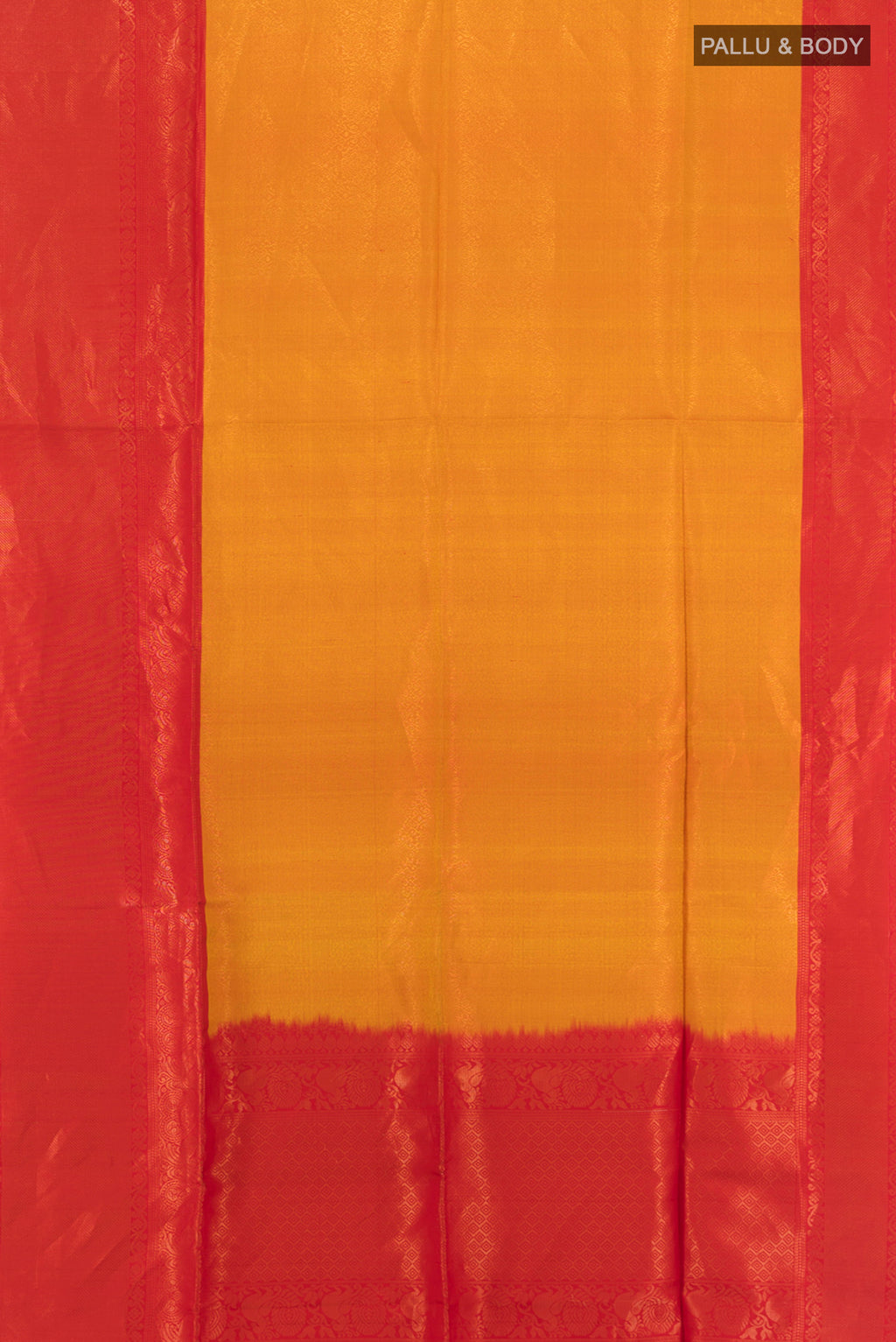 Flat view of Mustard Soft Silk Saree with Zari Brocade on the body and Zari Border. 