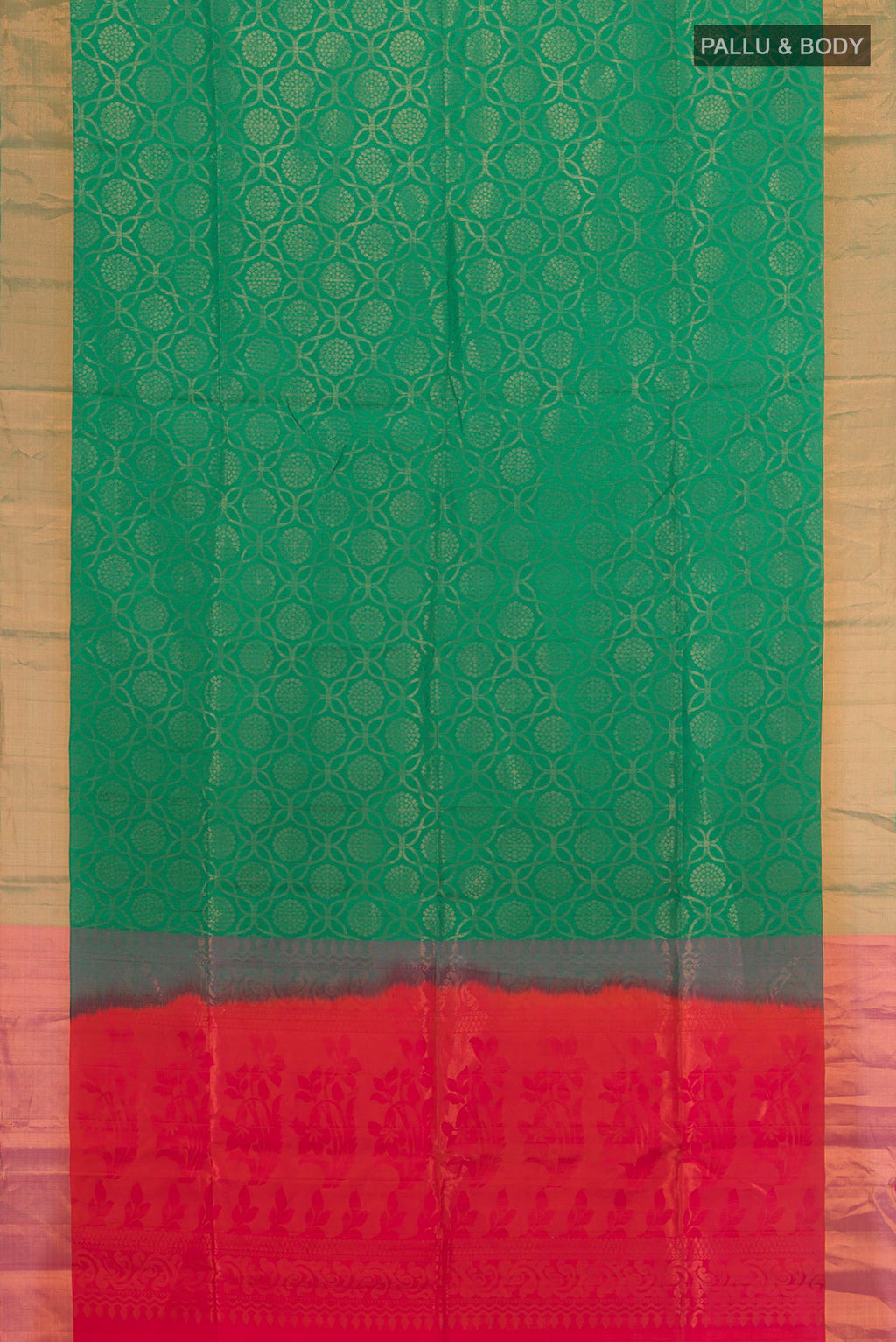 Flat view of Pure Silk Green Soft Saree with Zari Butta on the body and Zari Border. 
