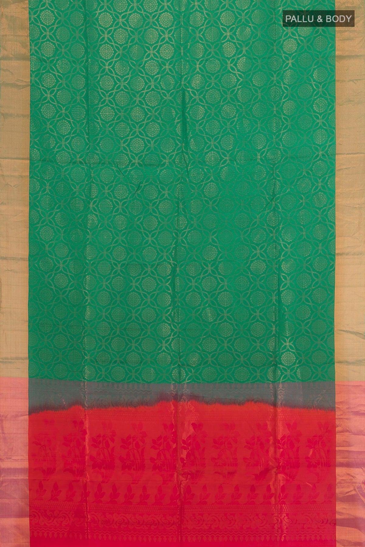 Flat view of Pure Silk Green Soft Saree with Zari Butta on the body and Zari Border. 