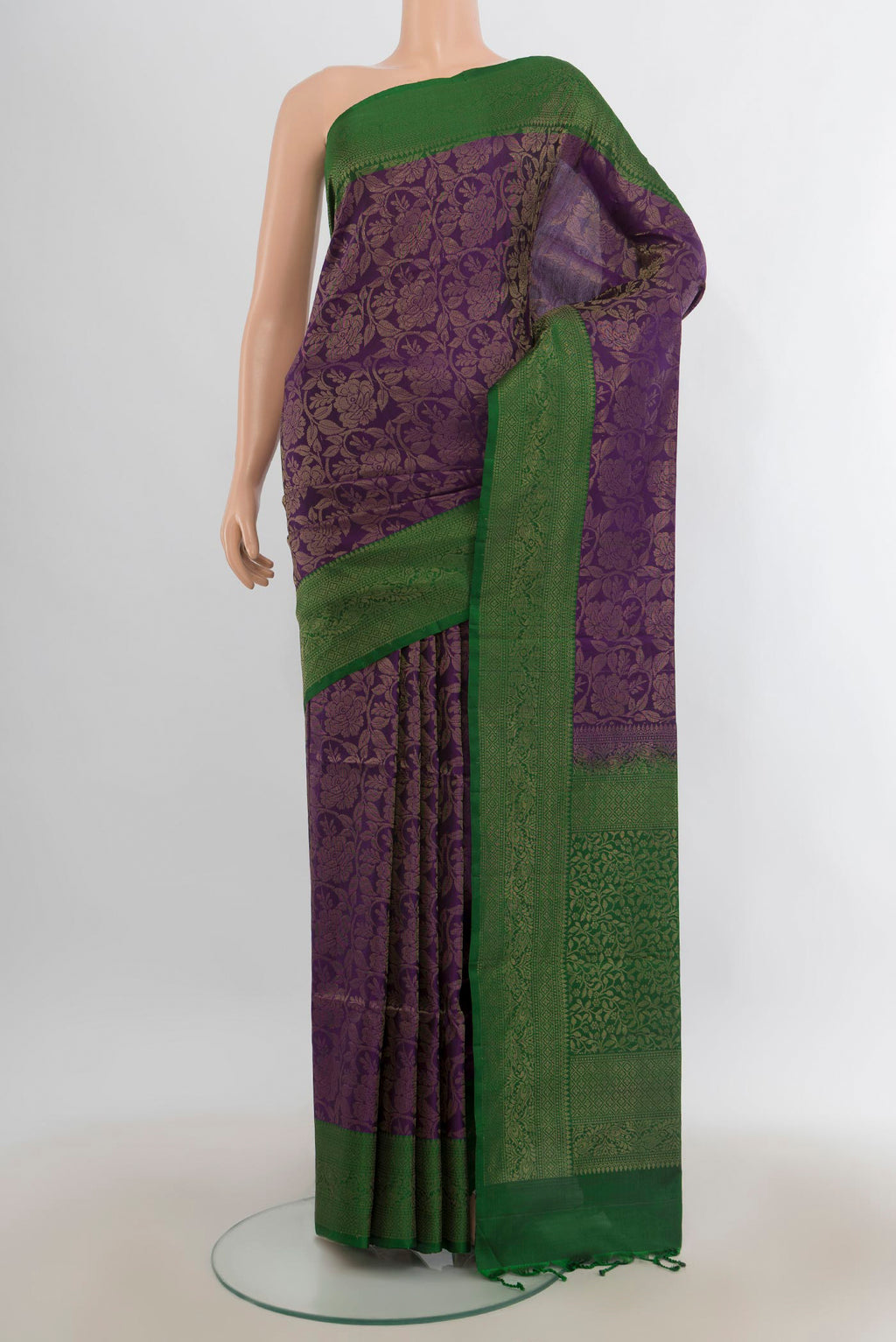 Pure Silk Violet Soft Saree with Zari Brocade on the body and Zari Border.  displayed on a mannequin