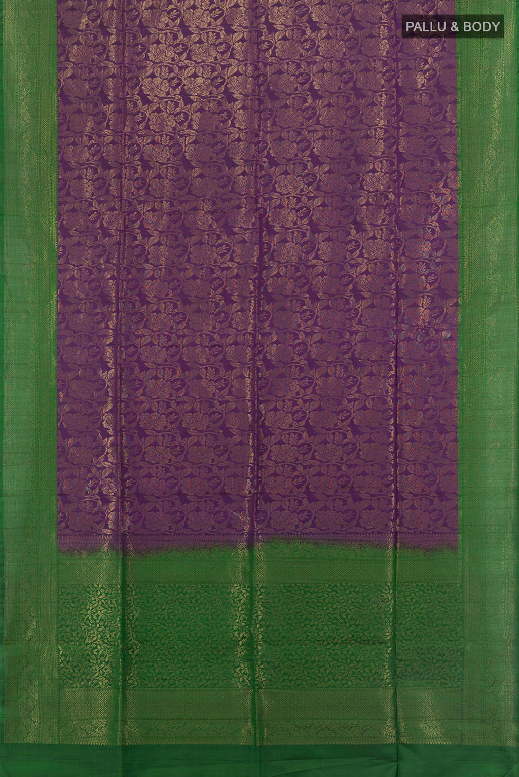 Flat view of Pure Silk Violet Soft Saree with Zari Brocade on the body and Zari Border. 