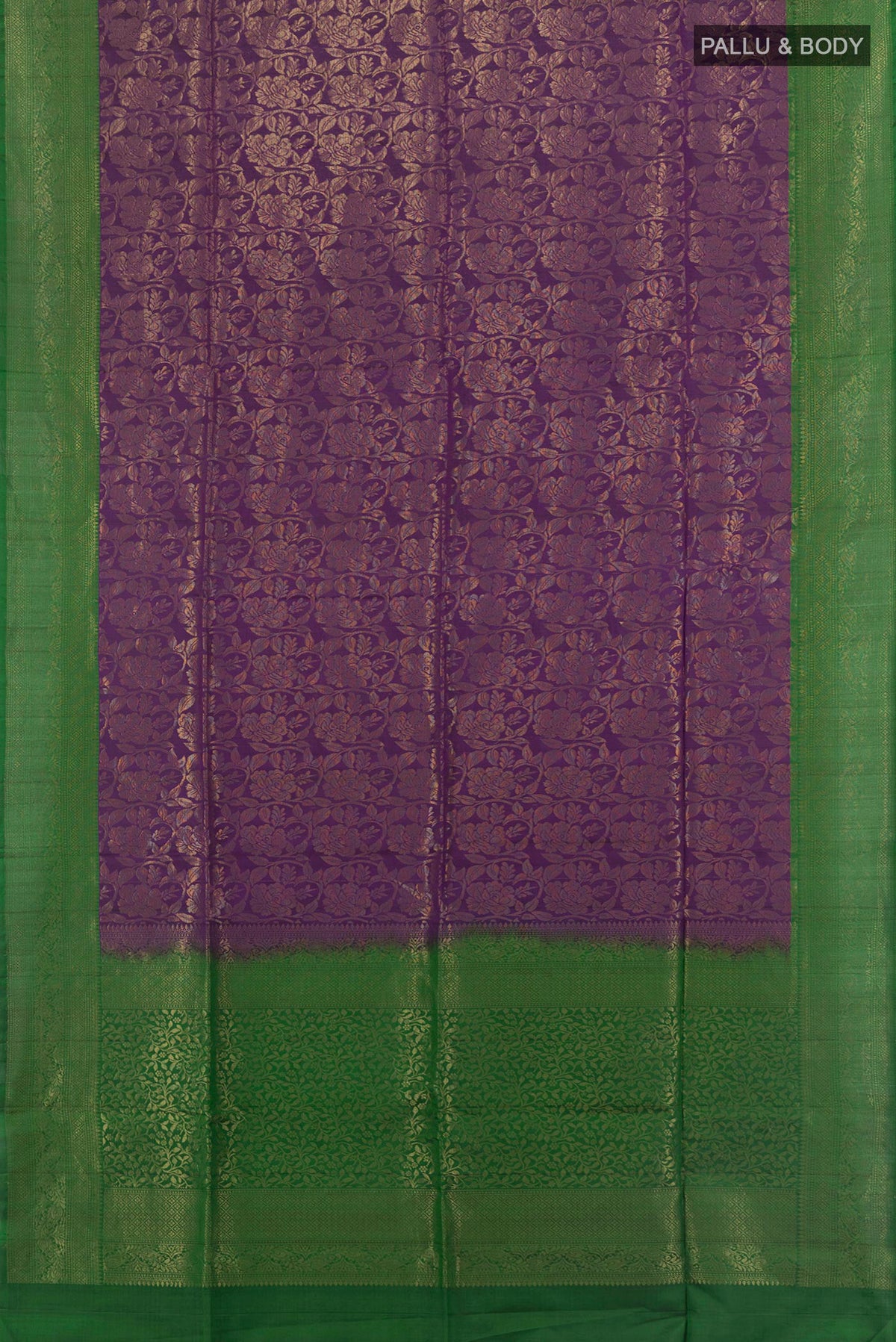 Flat view of Pure Silk Violet Soft Saree with Zari Brocade on the body and Zari Border. 