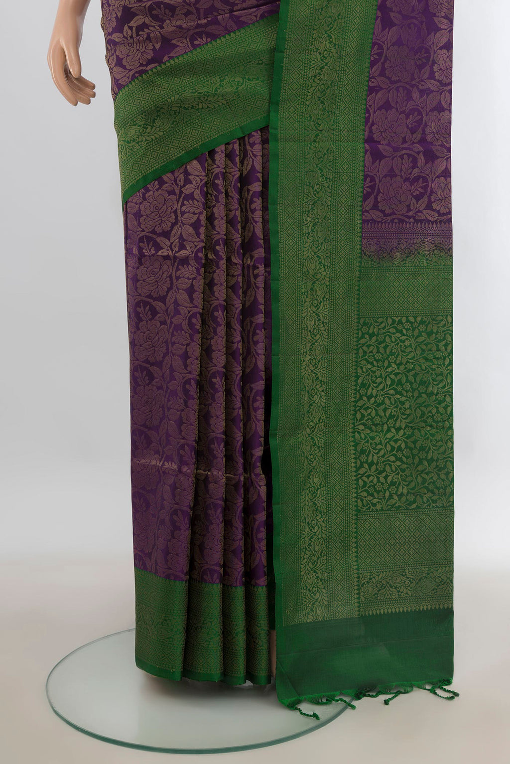 Pleats and pallu of Pure Silk Violet Soft Saree with Zari Brocade on the body and Zari Border. 