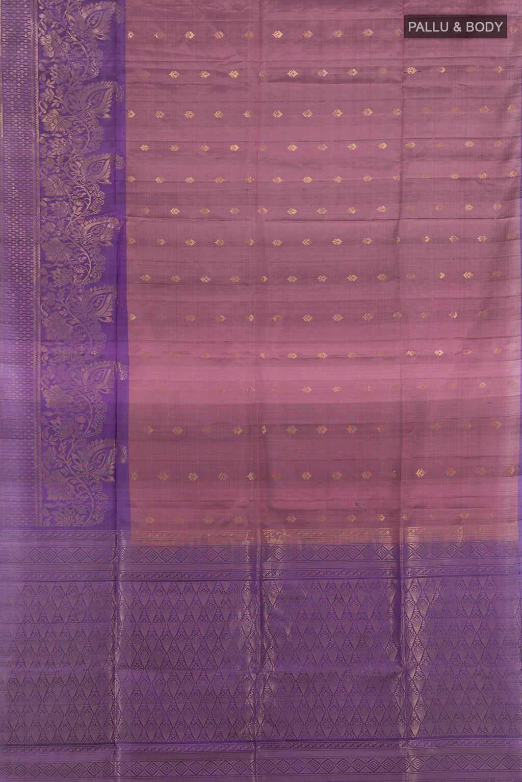 Flat view of Bronze Soft Silk Saree with Zari Butta on the body and Silk Border. 
