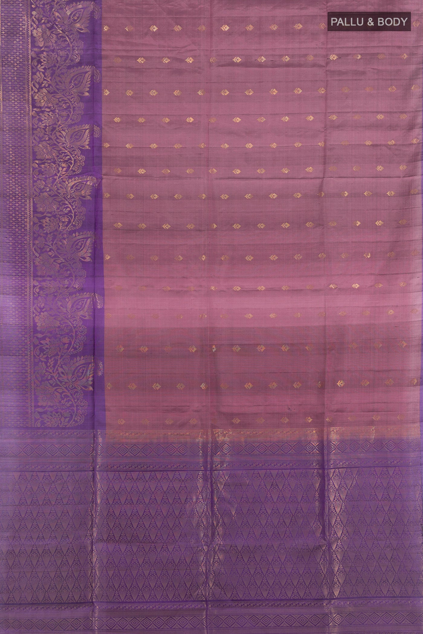 Flat view of Bronze Soft Silk Saree with Zari Butta on the body and Silk Border. 