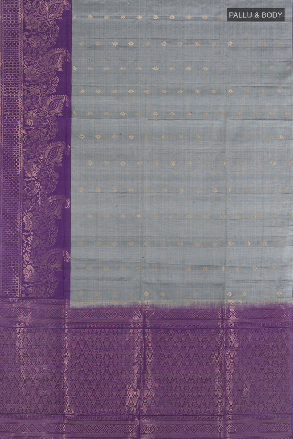 Flat view of Davys Grey Soft Silk Saree with Zari Butta on the body and Silk Border. 
