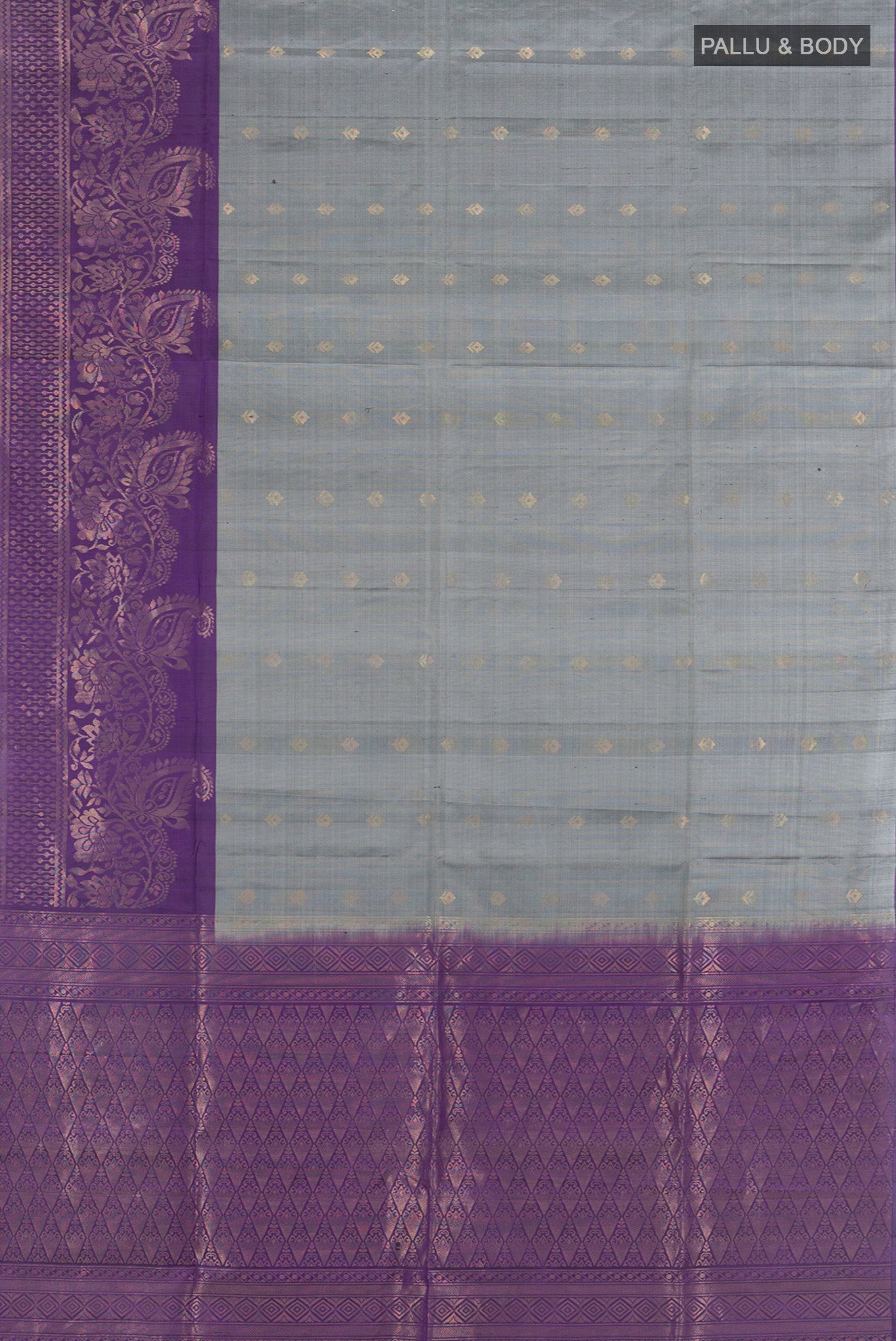 Flat view of Davys Grey Soft Silk Saree with Zari Butta on the body and Silk Border. 