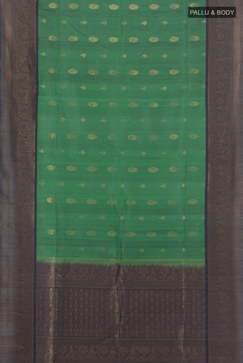 Flat view of Green Soft Silk Saree with Zari Butta on the body and Zari Border. 