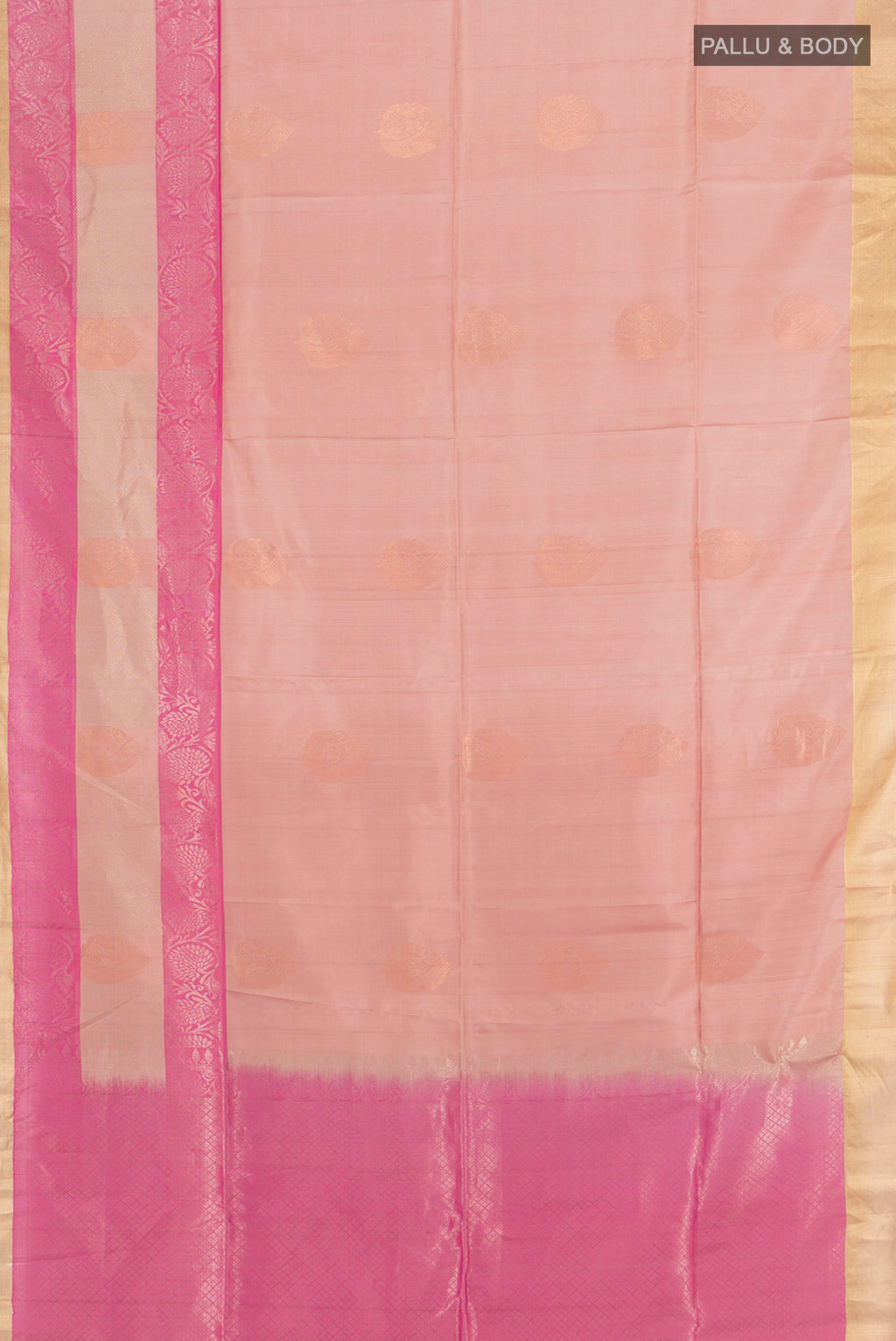 Flat view of Bronze Soft Silk Saree with Zari Butta on the body and Silk Border. 