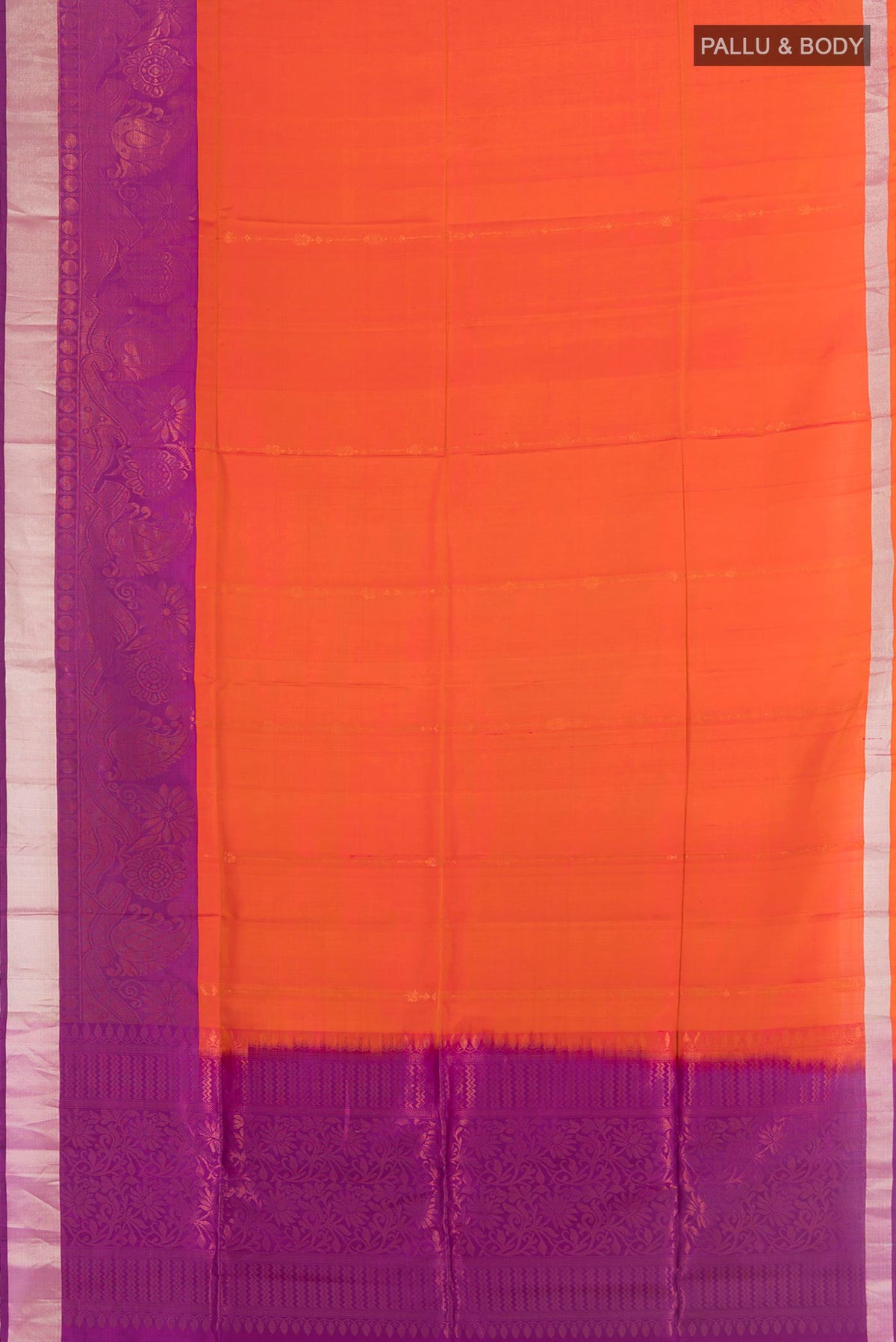Flat view of Pure Silk Brick Orange Soft Saree with Zari Butta on the body and Zari Border. 