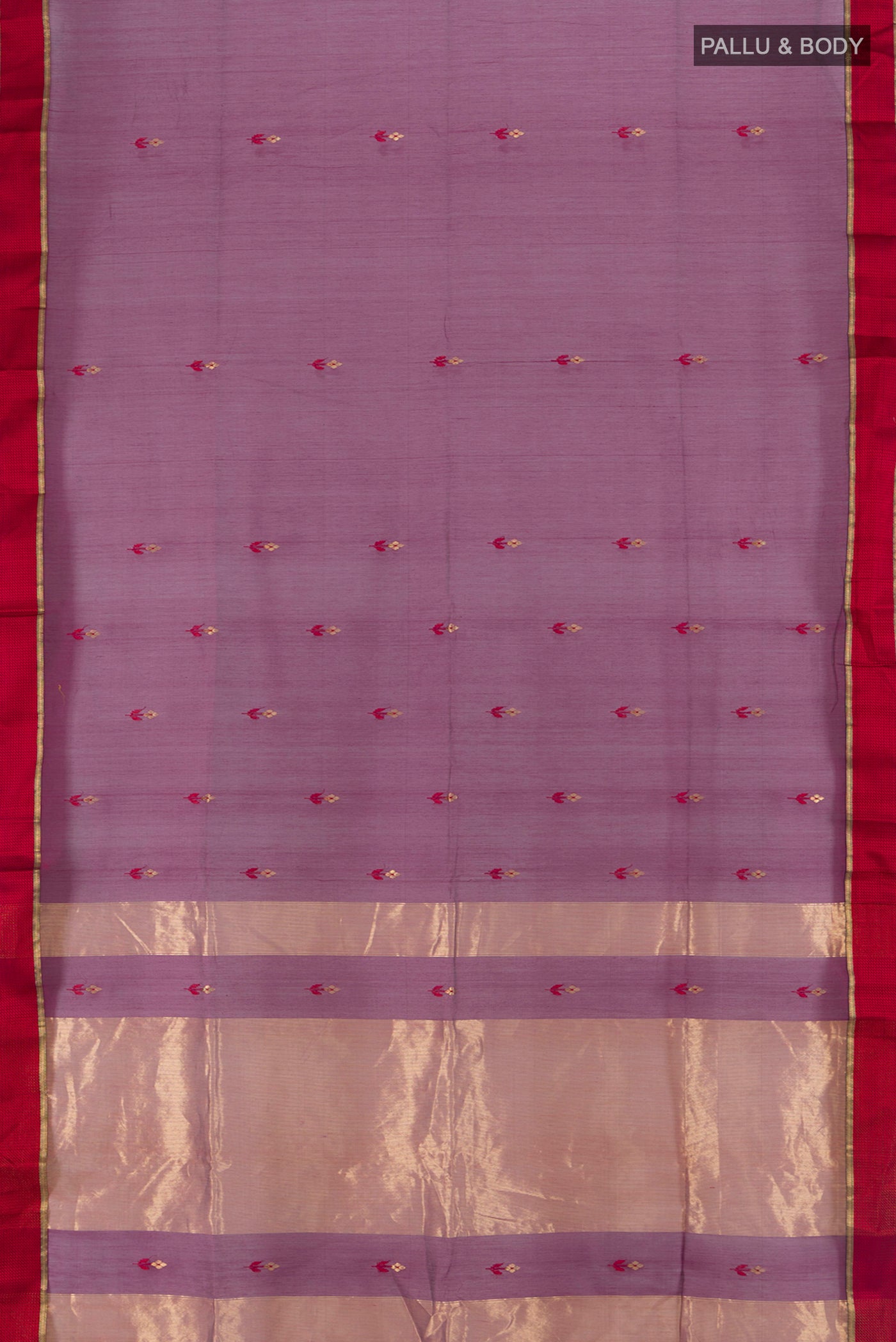 Flat view of Purple Maheshwari Silk Cotton Saree with Plain Body and Silk Border. 