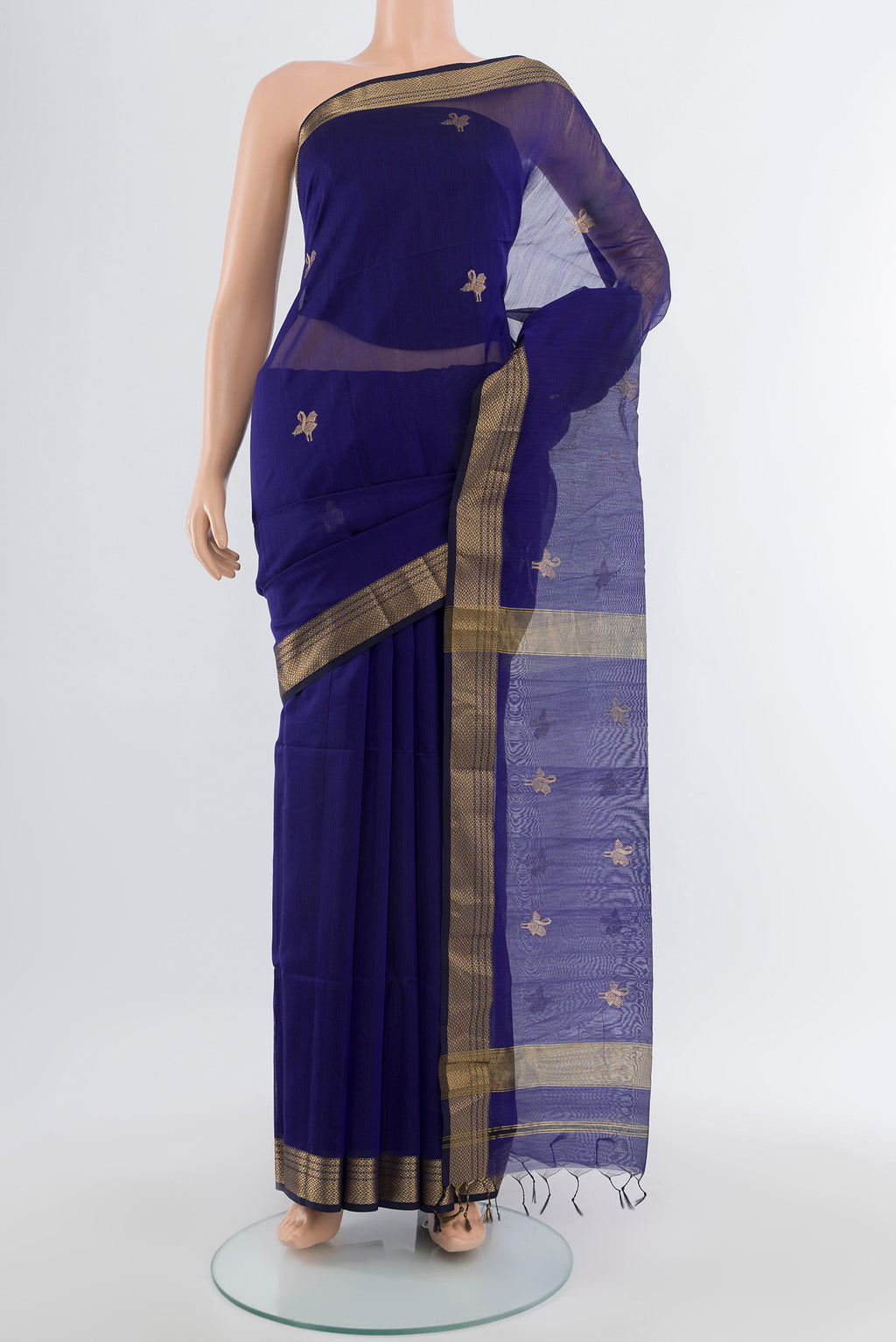 Navy Blue Maheshwari Silk Cotton Saree with Plain Body and Silk Border.  displayed on a mannequin