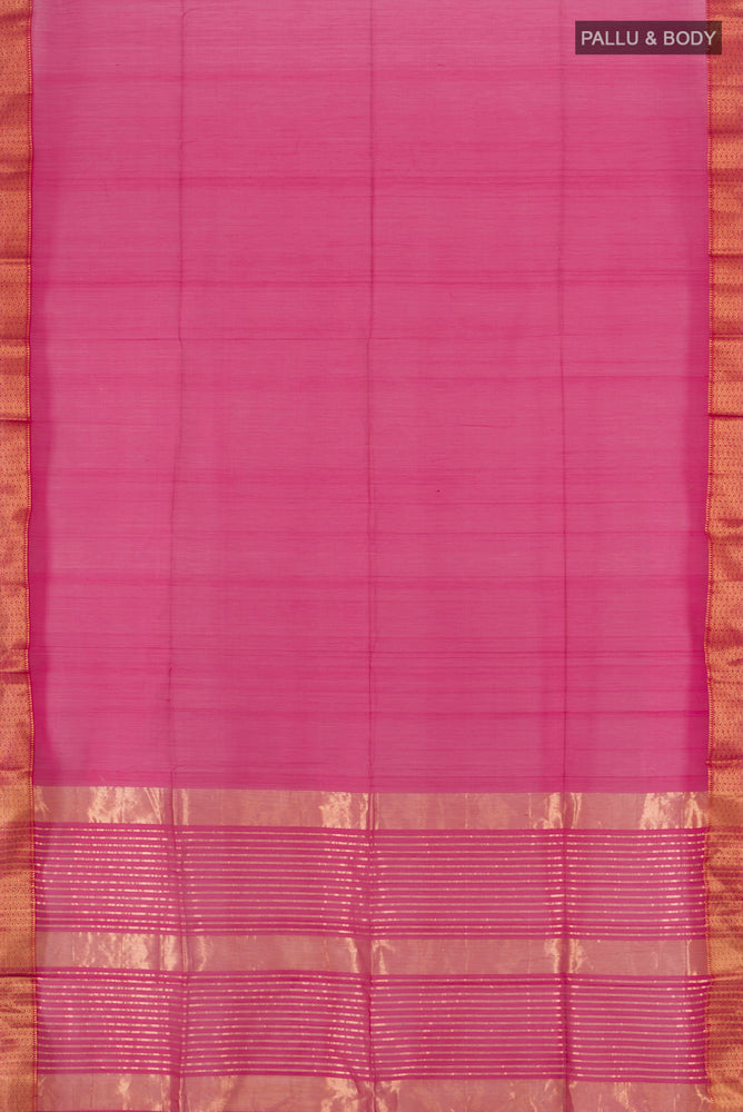 Flat view of Dark Pink Maheshwari Silk Cotton Saree with Zari Butta on the body and Silk Border. 