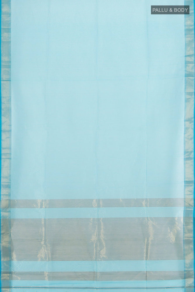 Flat view of Sky Blue Maheshwari Silk Cotton Saree with Zari Butta on the body and Silk Border. 