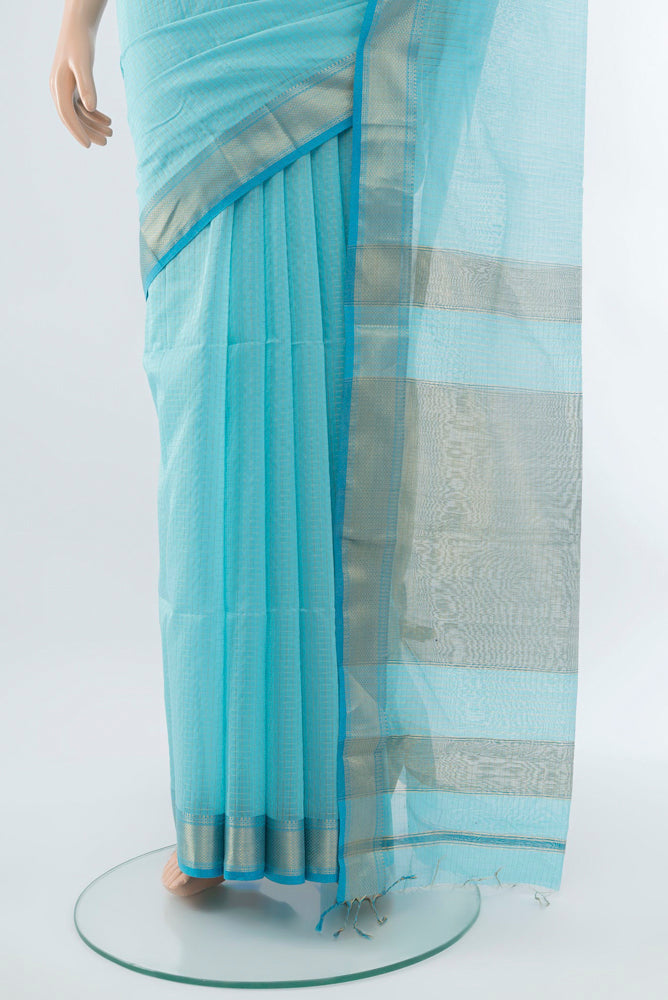 Pleats and pallu of Sky Blue Maheshwari Silk Cotton Saree with Zari Butta on the body and Silk Border. 