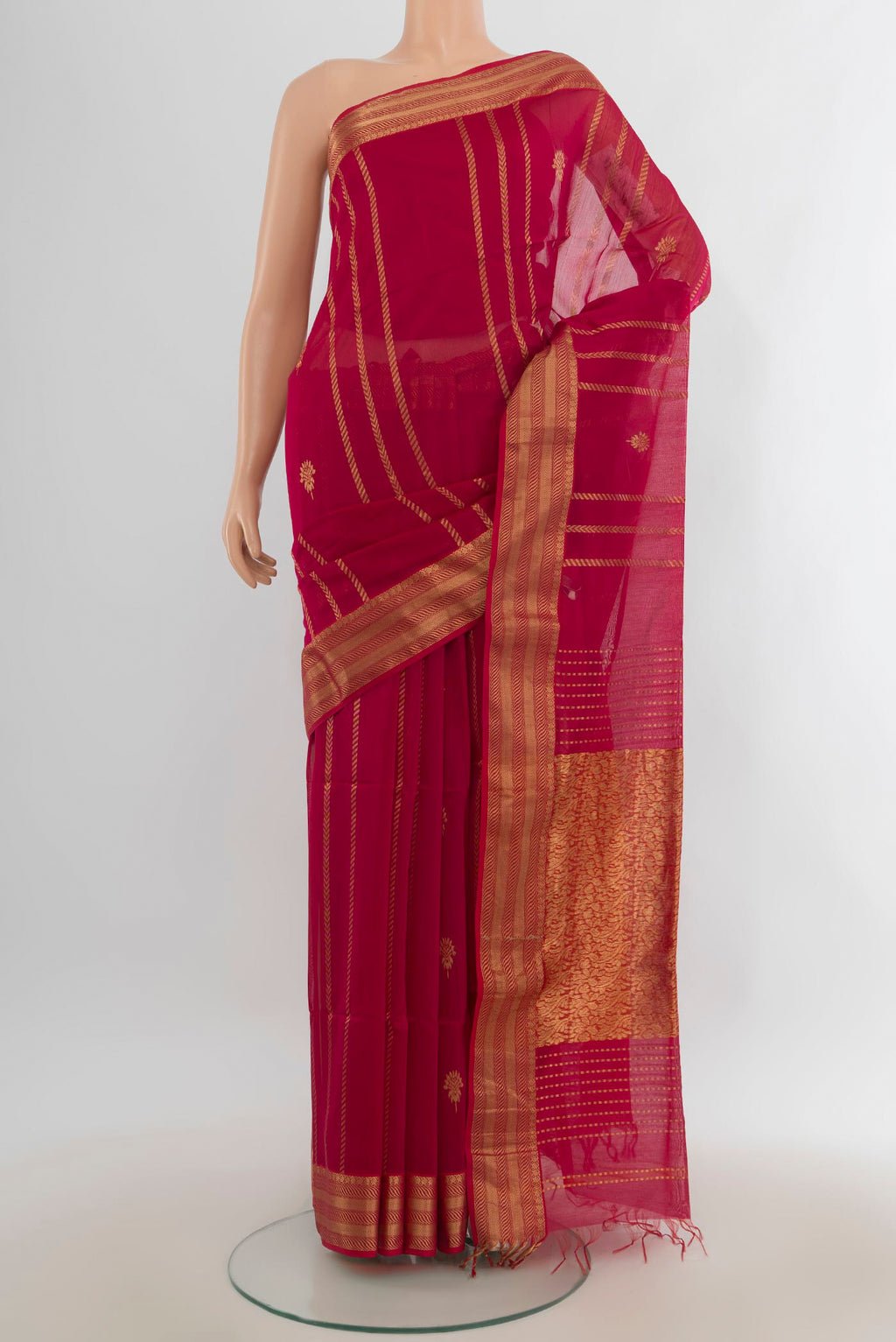 Dark Pink Maheshwari Cotton Saree with Zari Butta on the body and Silk Border.  displayed on a mannequin