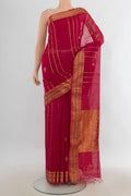 Dark Pink Maheshwari Cotton Saree with Zari Butta on the body and Silk Border.  displayed on a mannequin