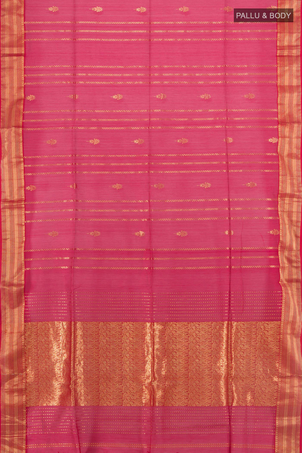 Flat view of Dark Pink Maheshwari Cotton Saree with Zari Butta on the body and Silk Border. 