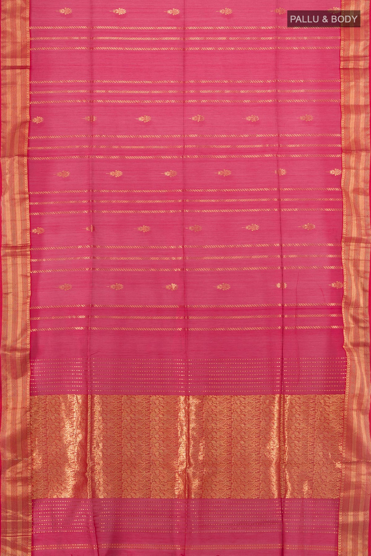 Flat view of Dark Pink Maheshwari Cotton Saree with Zari Butta on the body and Silk Border. 