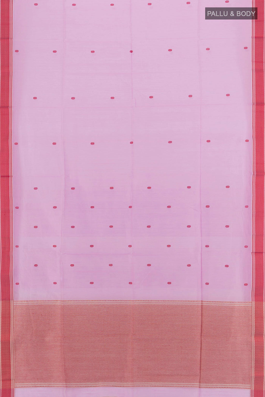 Flat view of Lavender Maheshwari Silk Cotton Saree with Thread Butta on the body and Thread Border. 