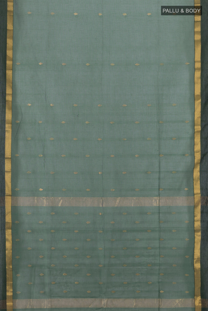 Flat view of Mint Green Maheshwari Silk Cotton Saree with Zari Butta on the body and Silk Border. 