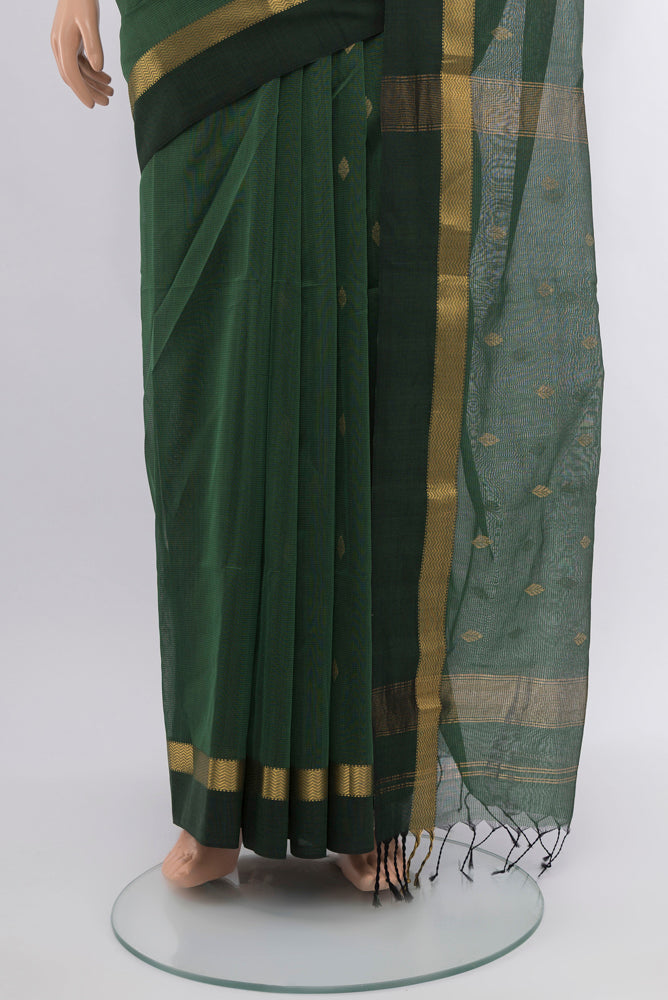 Pleats and pallu of Mint Green Maheshwari Silk Cotton Saree with Zari Butta on the body and Silk Border. 