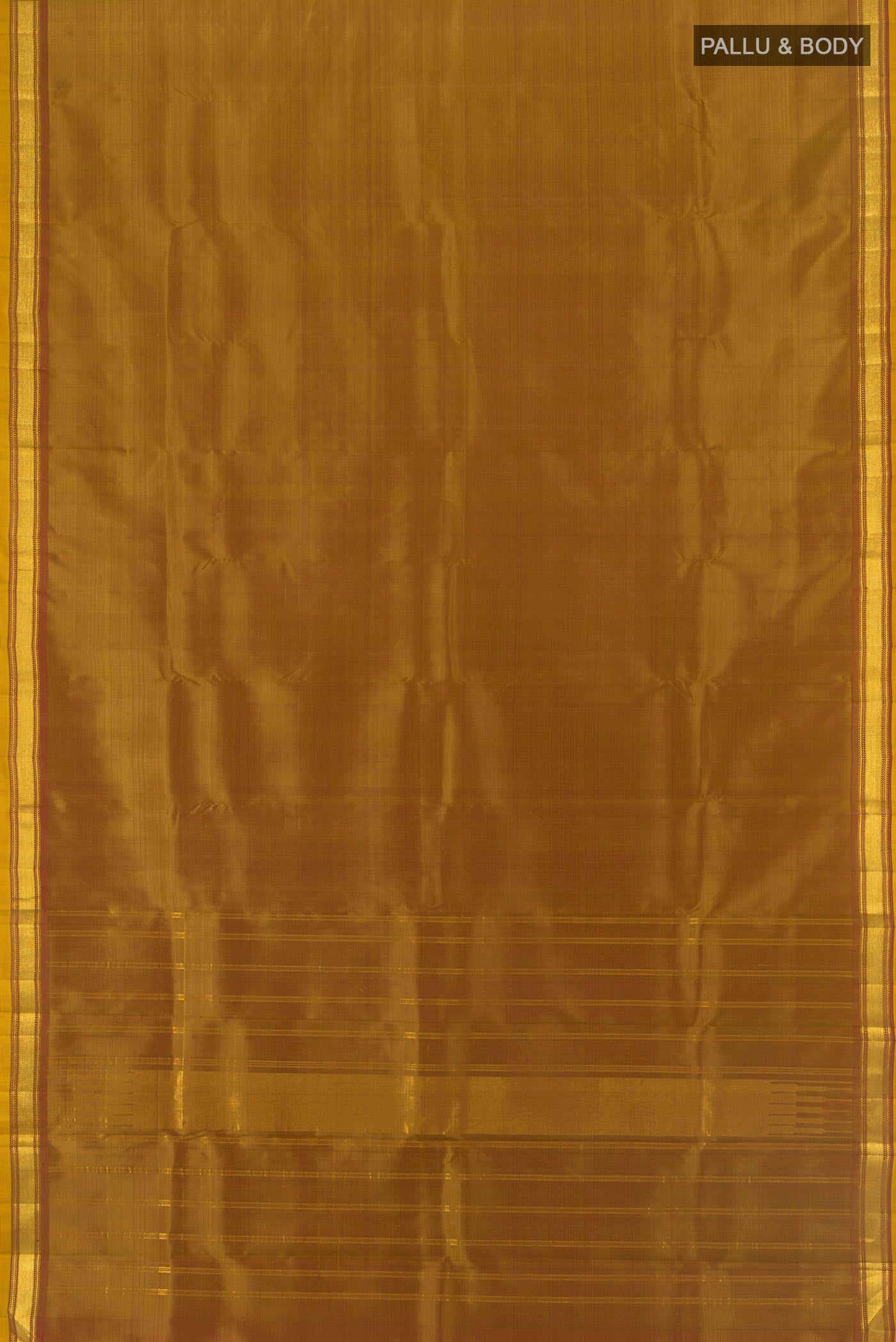 Flat view of Mehandi Green Kanjivaram Silk Saree with Plain Body and Zari Border. 