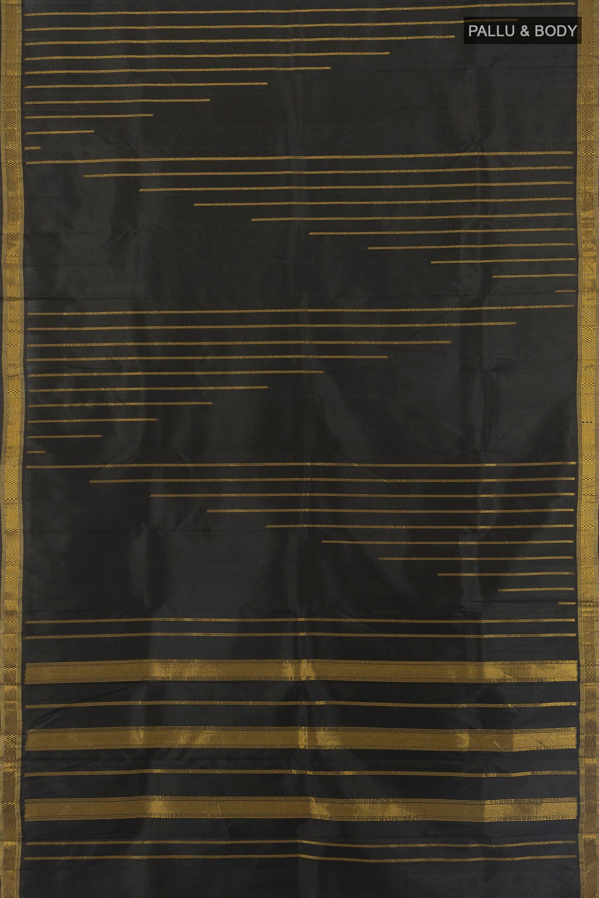 Flat view of Pure Silk Black Kanchipuram Saree with Stripes on the body and Zari Border. 