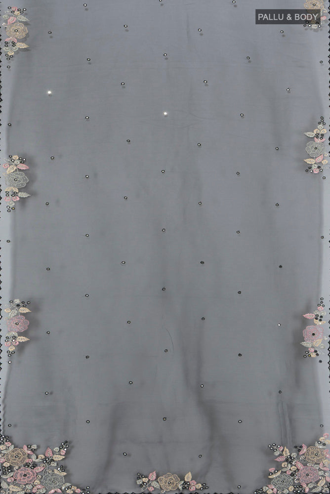 Flat view of Black Art Silk Saree with Embroidery on the body and Silk Border. 