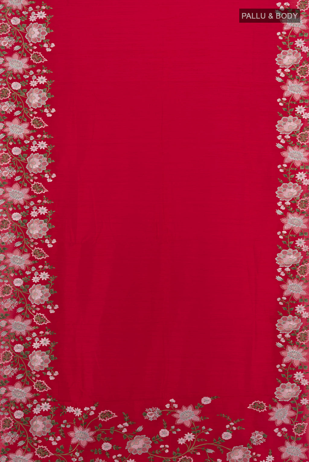 Flat view of Red Art Silk Saree with Embroidery on the body and Silk Border. 