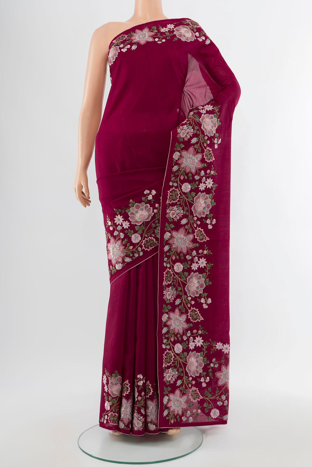 Purple Art Silk Saree with Embroidery on the body and Silk Border.  displayed on a mannequin
